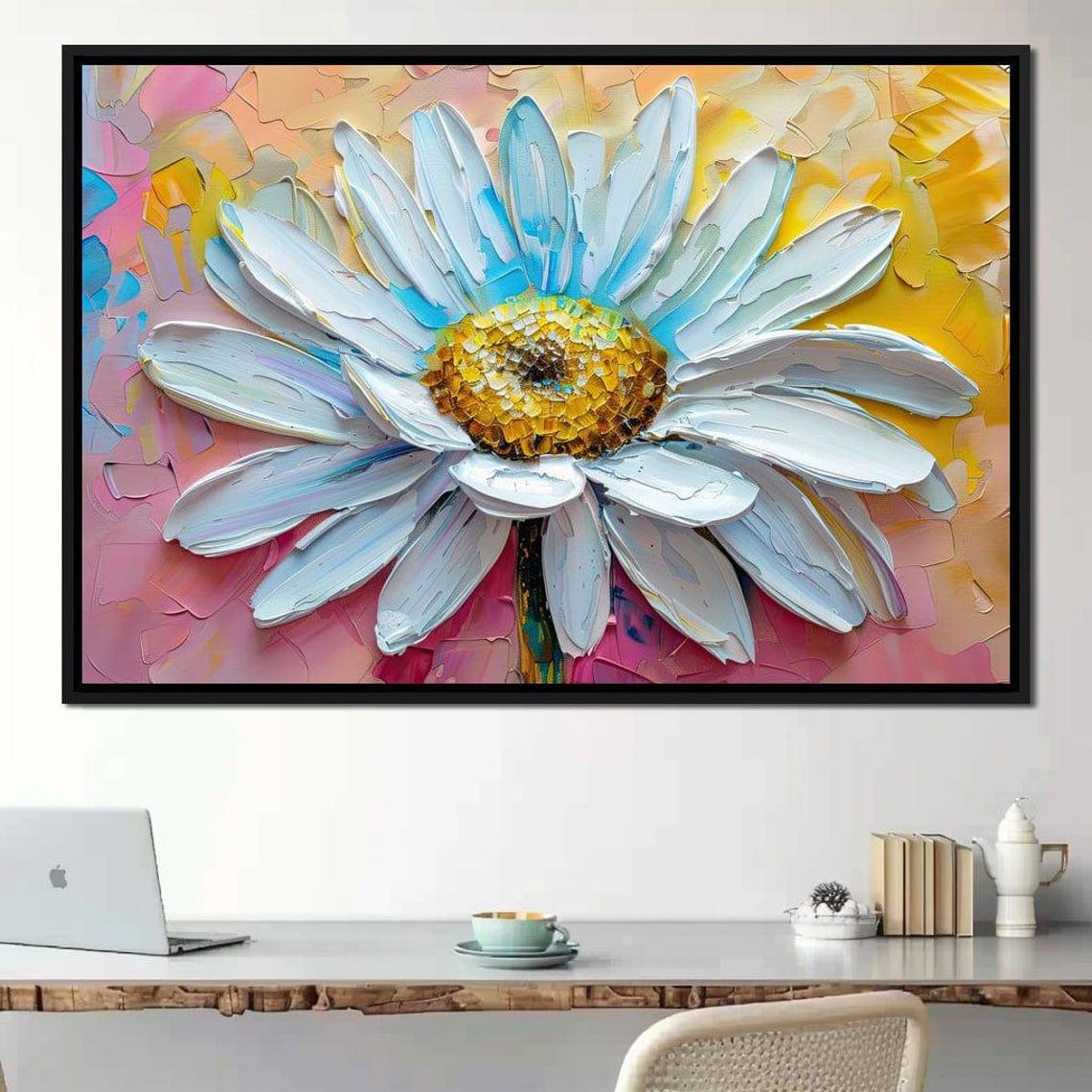 White Daisy Impasto Palette Knife Flower Pink Yellow Floral Poster