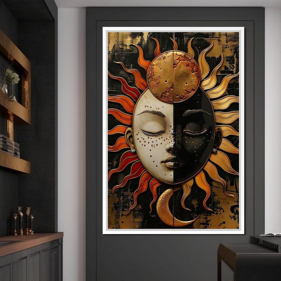 Sun Moon Duality Celestial Face Gold Black Cosmic Wall Art Poster - Image 3
