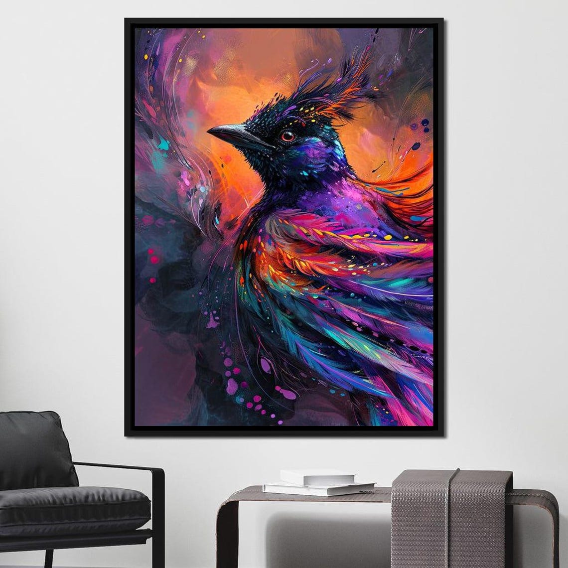 Vibrant Raven Feather Swirl Abstract Purple Orange Bird Art Poster - Image 4