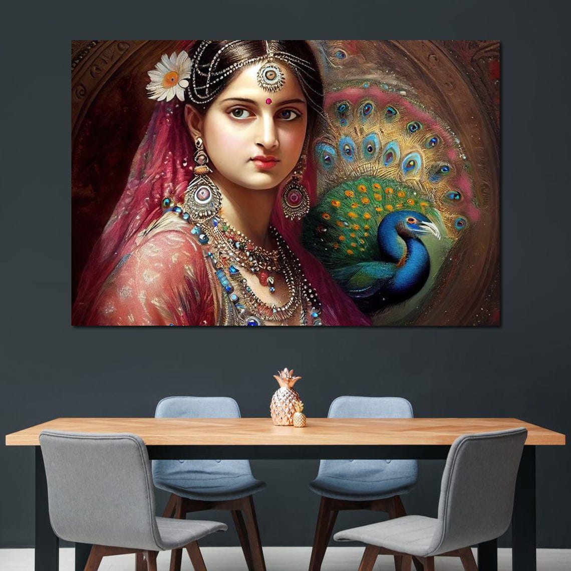 Indian Bride In Red Jewelry With Peacock Traditional Ethnic Wall Art - Image 2