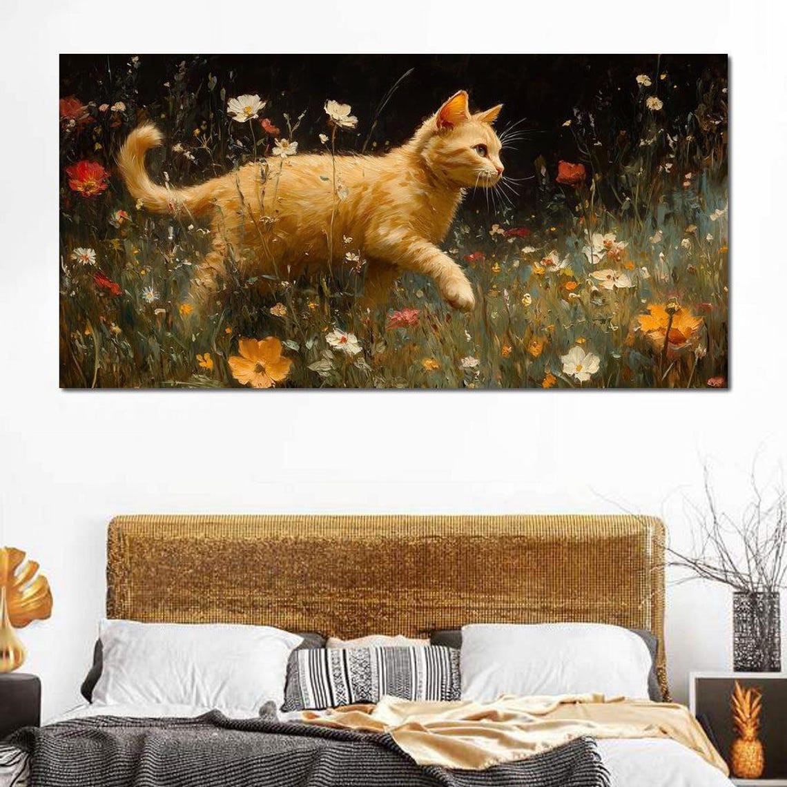 Ginger Cat Strolling Through Wildflower Meadow Night Painterly Poster - Image 3