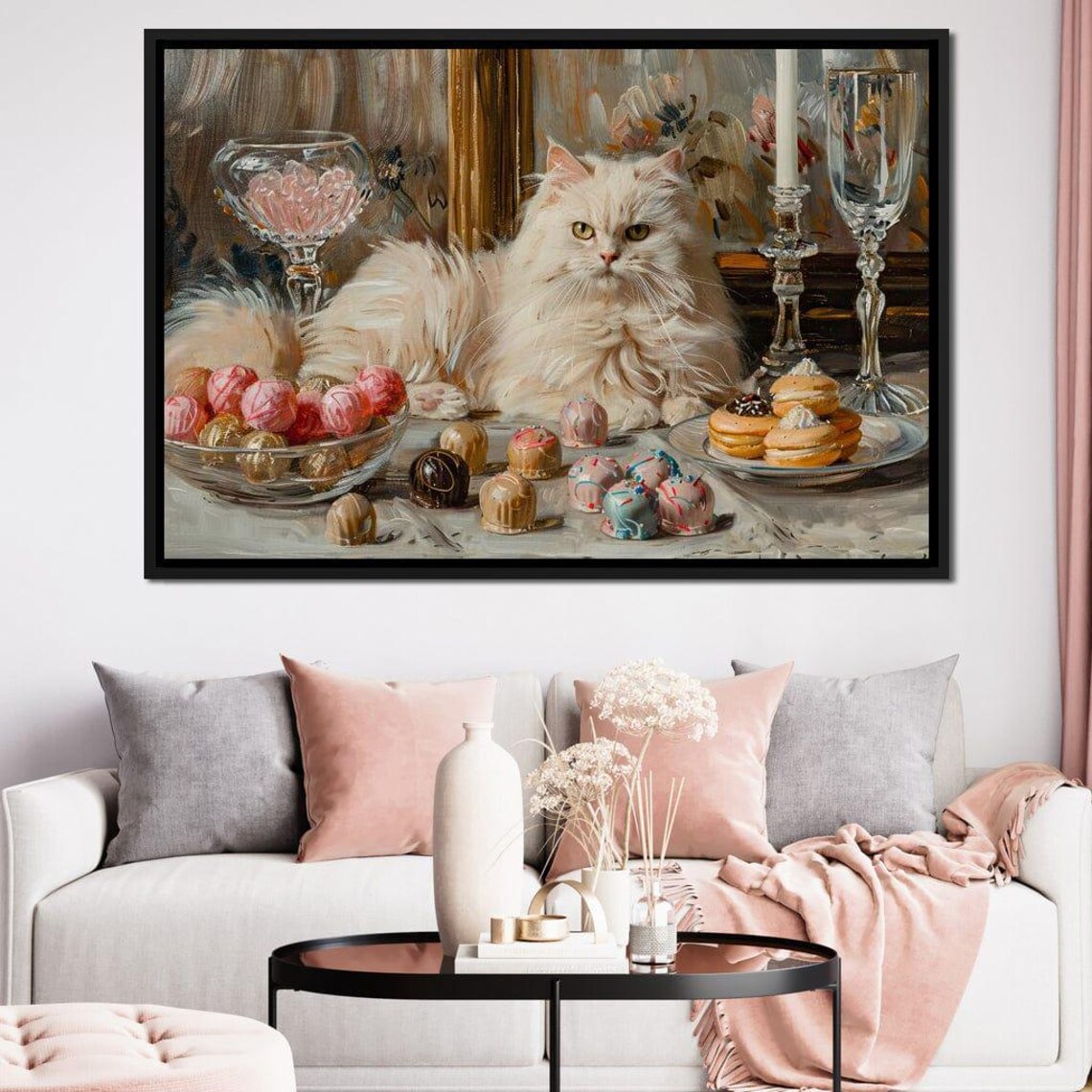 White Fluffy Cat On Dessert Table With Truffles Pastel Still Art Poster - Image 4