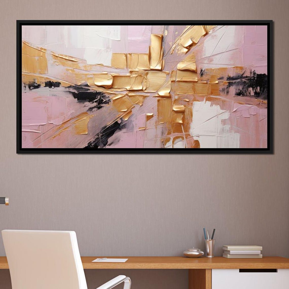 Blush Pink Gold Abstract 5 Panel Canvas Textured Brushstroke Wall Art - Image 3