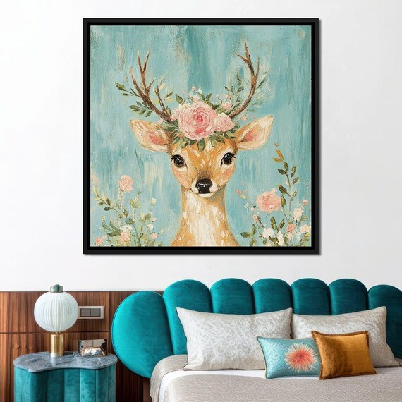 Sweet Fawn With Floral Crown On Turquoise Whimsical Deer Poster