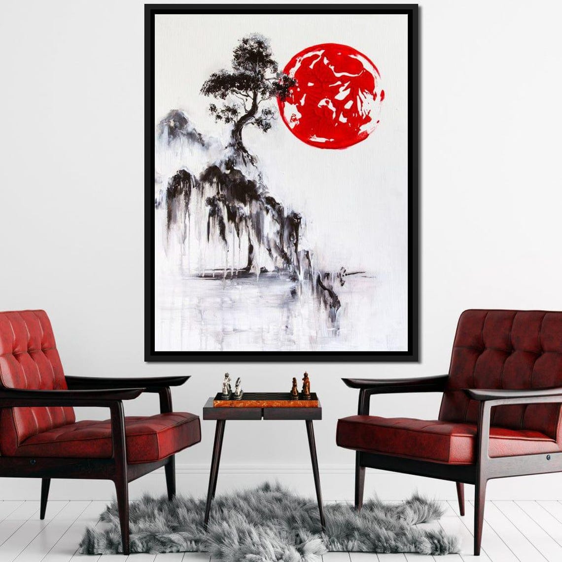 Japanese Pine Tree Black Ink Red Sun Minimalist Zen Style Wall Art