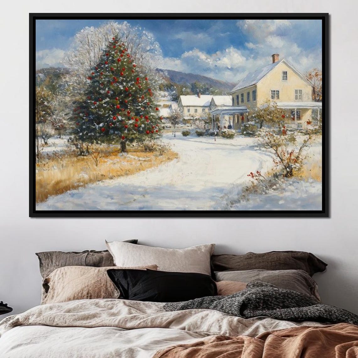Snowy Christmas Village Big Red Ornament Tree Farmhouse Scene Poster - Image 4