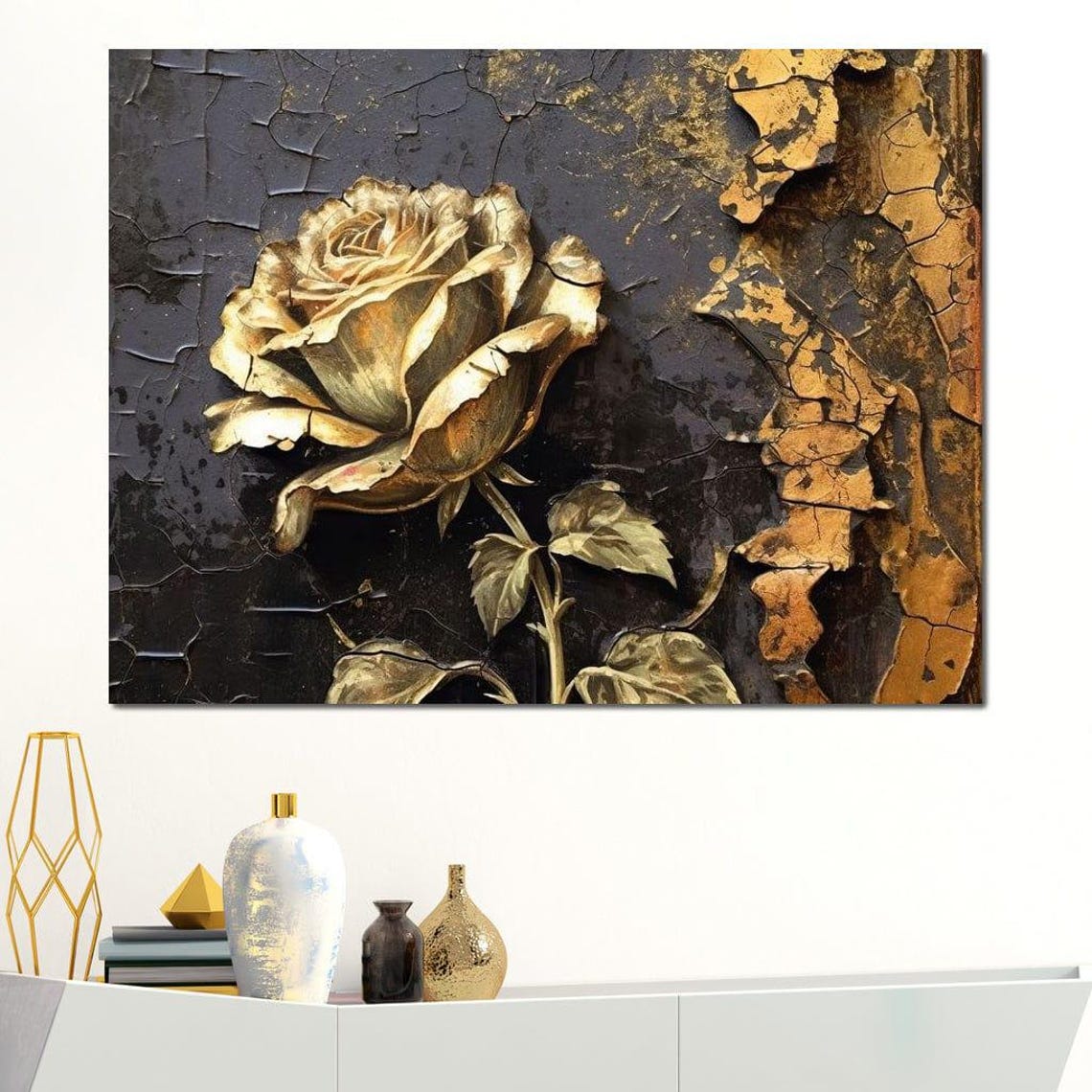 Golden Rose Cracked Black Gold Texture Vintage Botanical Print - Image 4