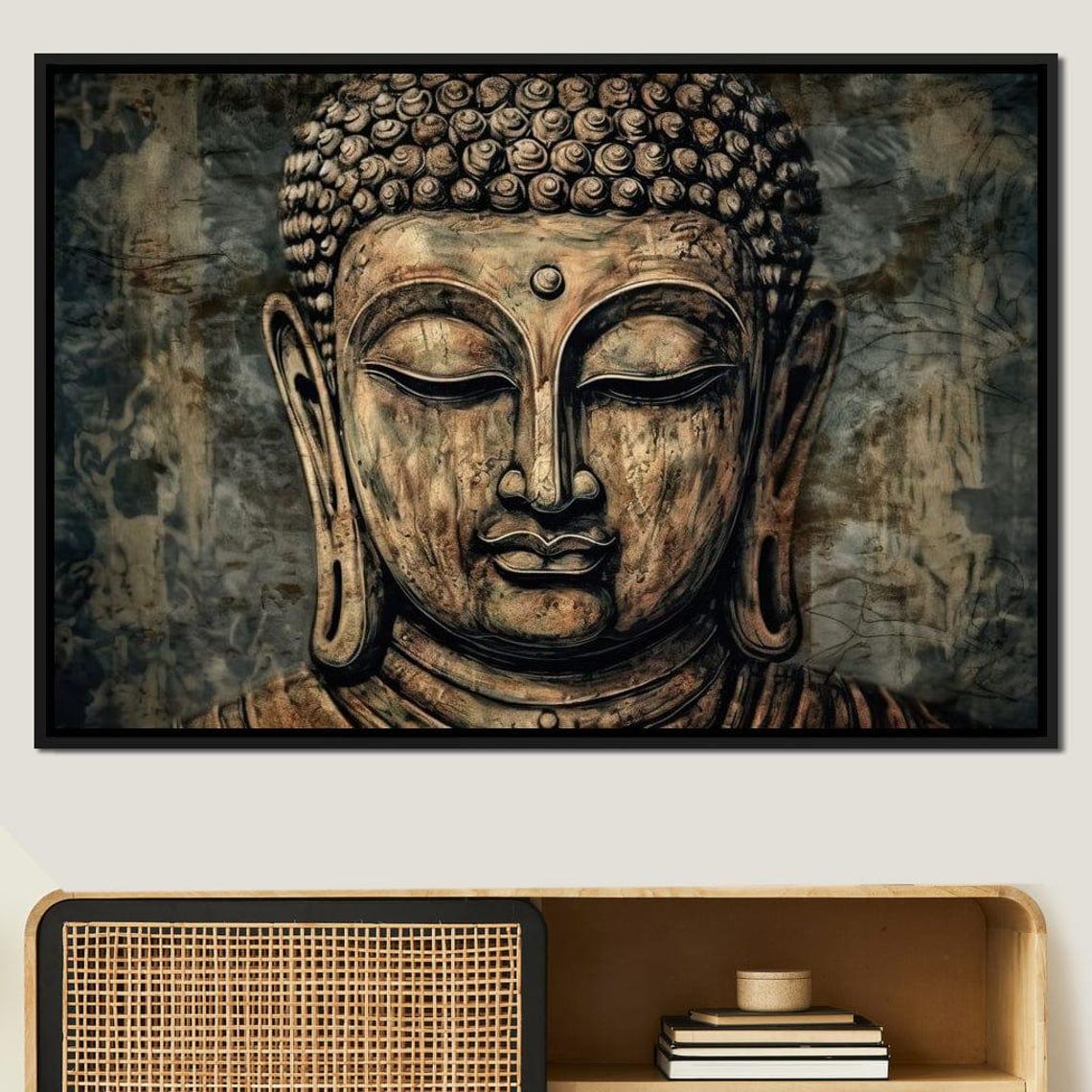 Bronze Buddha Face Serene Stone Texture Zen Meditation Wall Art - Image 3