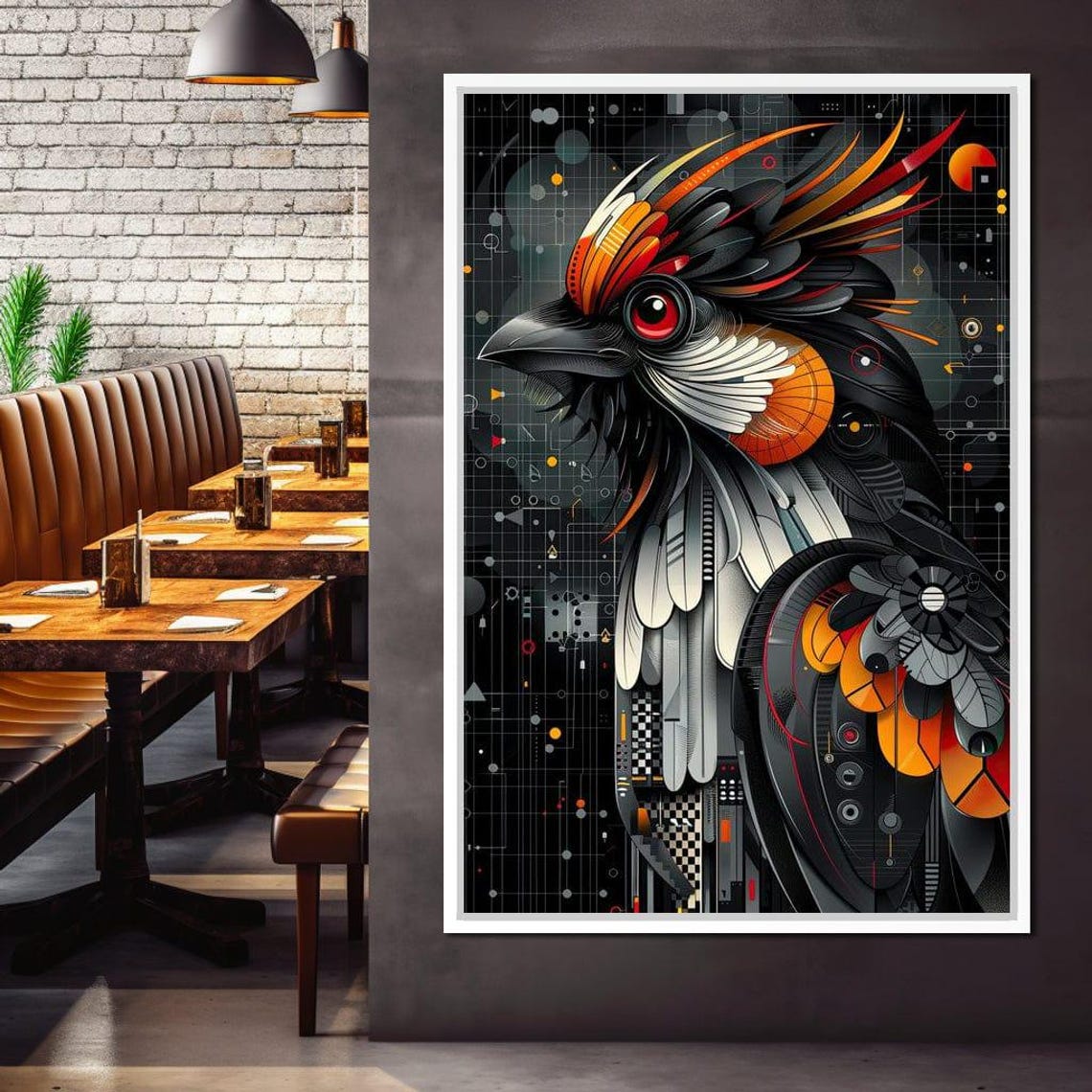 Futuristic Mechanical Raven Orange Black Geometric Steampunk Wall Art - Image 3