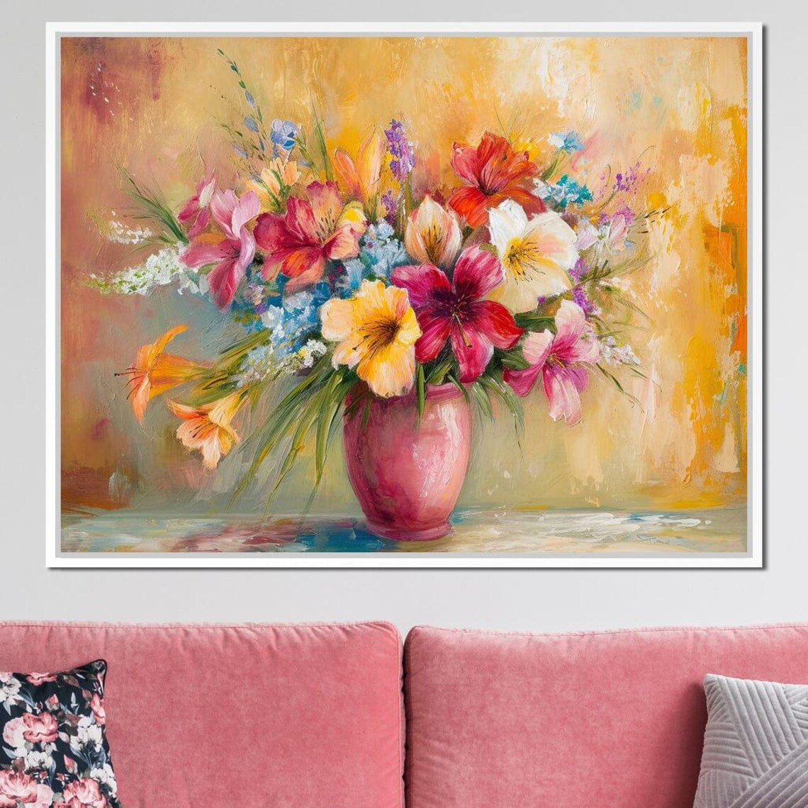 Sunlit Colorful Floral Vase Arrangement Oil Painting Wall Art Print