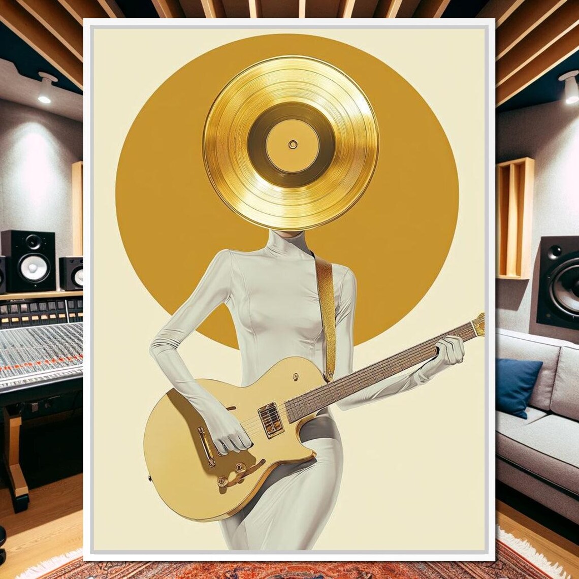Golden Vinyl Record Head Electric Guitar Minimalist Retro Music Wall Poster - Image 2
