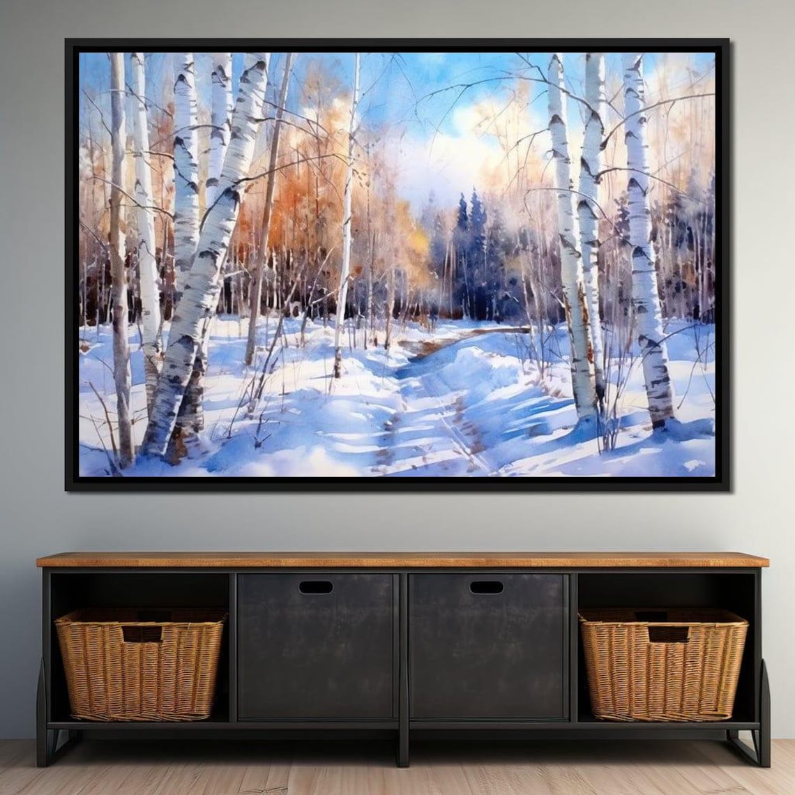 Snowy Birch Forest Winter Walk Watercolor Landscape Painting Art Print - Image 2