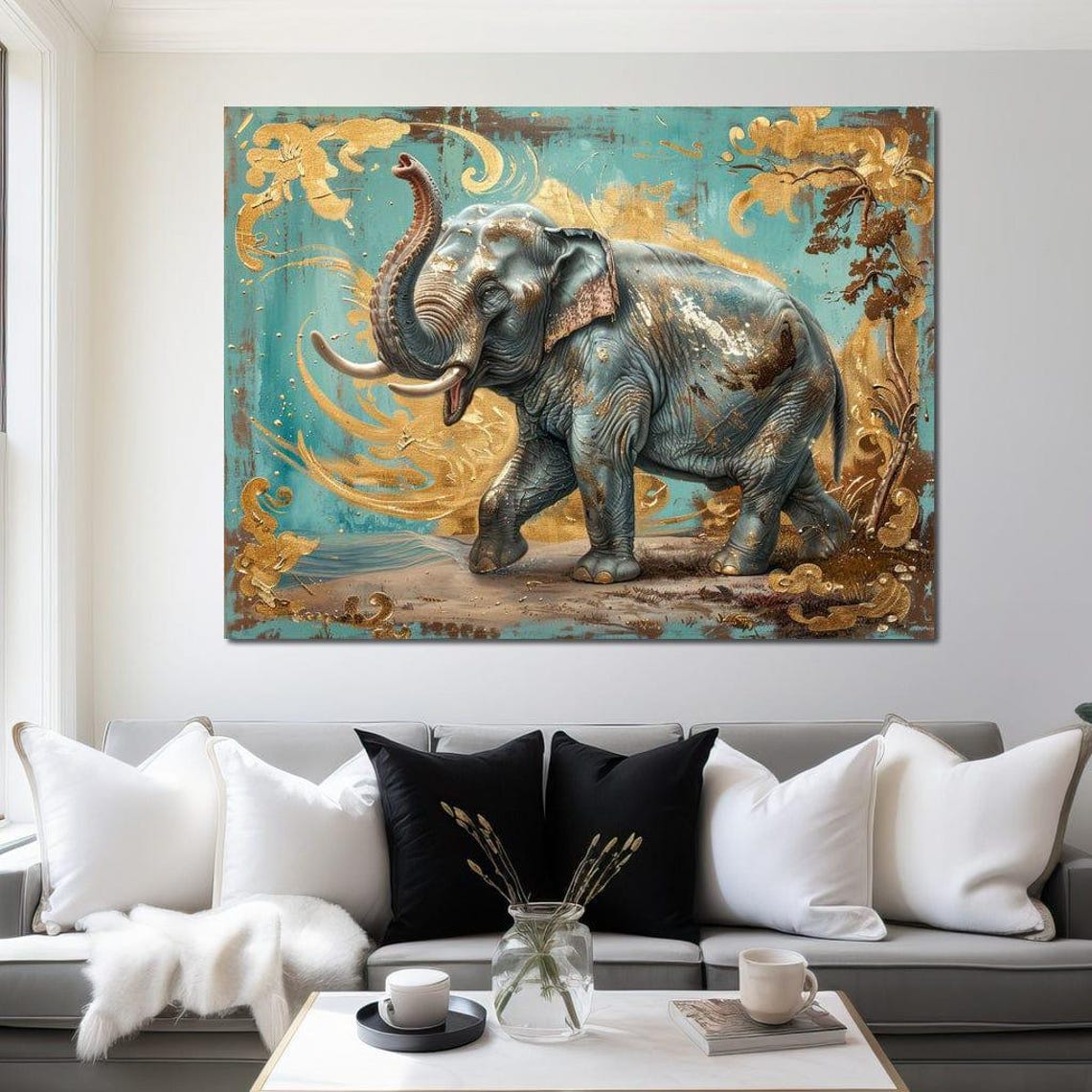 Triumphant Elephant Raised Trunk Turquoise Gold Wildlife Wall Art - Image 2