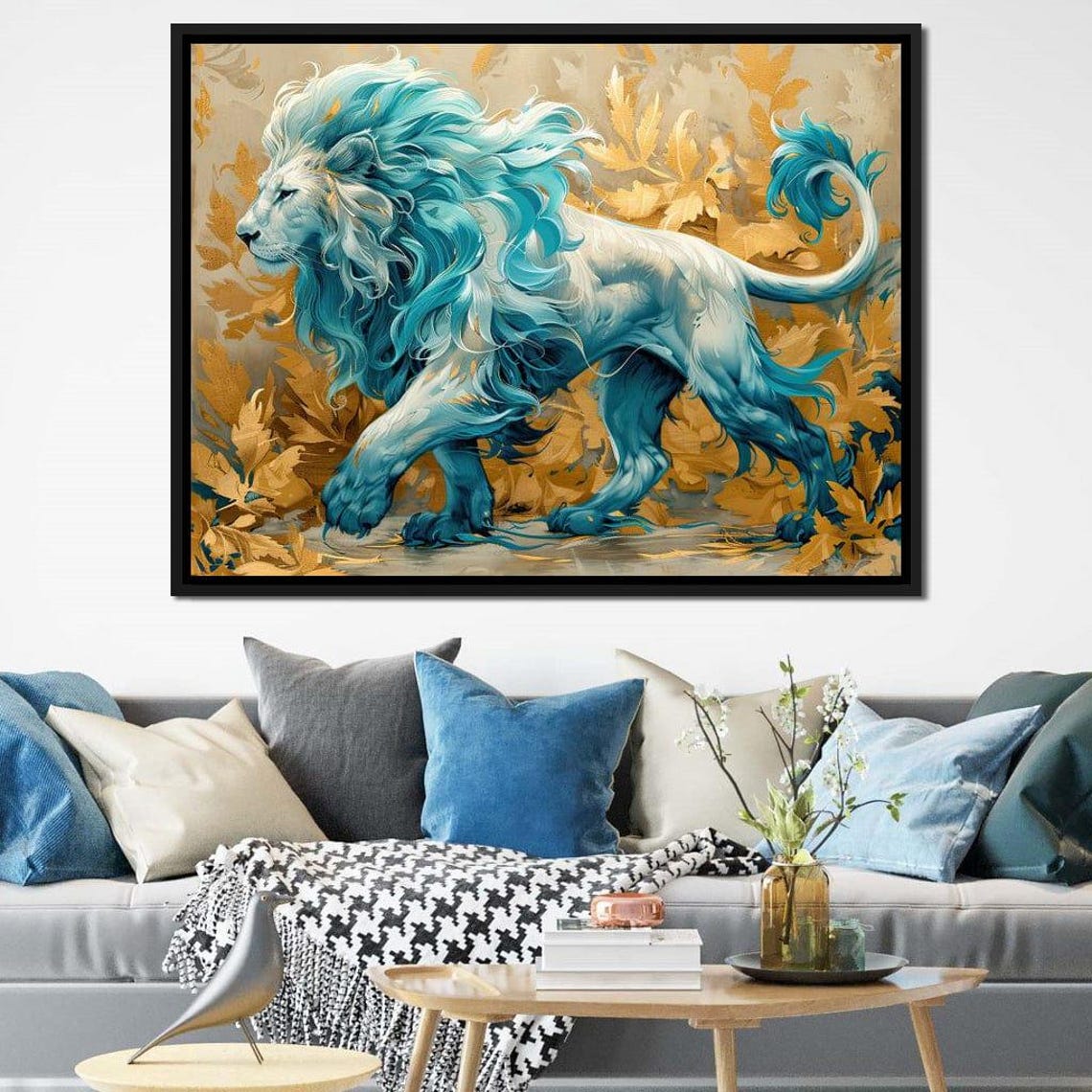 White Lion Turquoise Mane Majestic Big Cat Golden Leaves Art Poster - Image 4