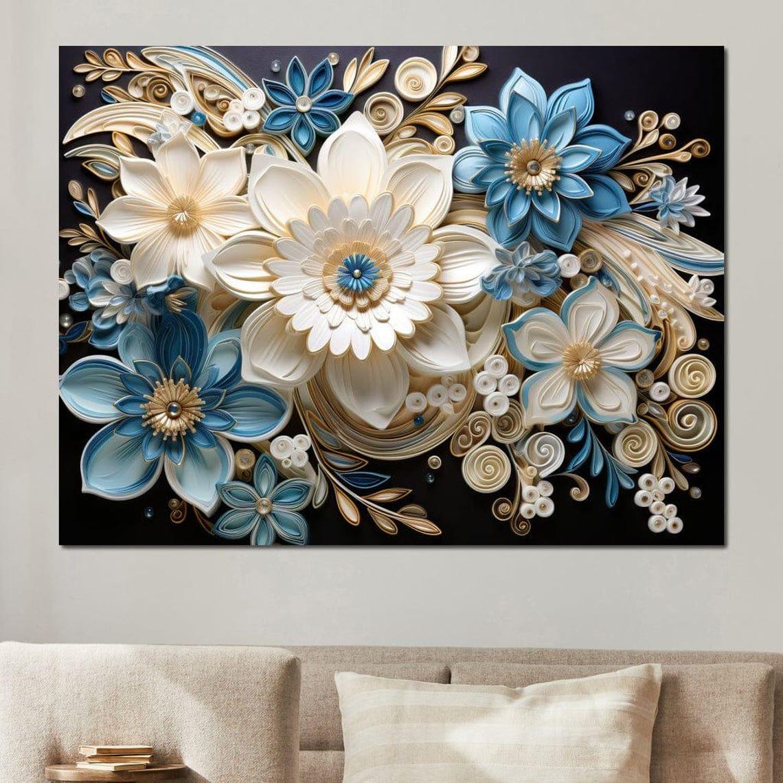 Paper Quilling White Blue Gold Floral 3D Art On Black Wall Print - Image 3