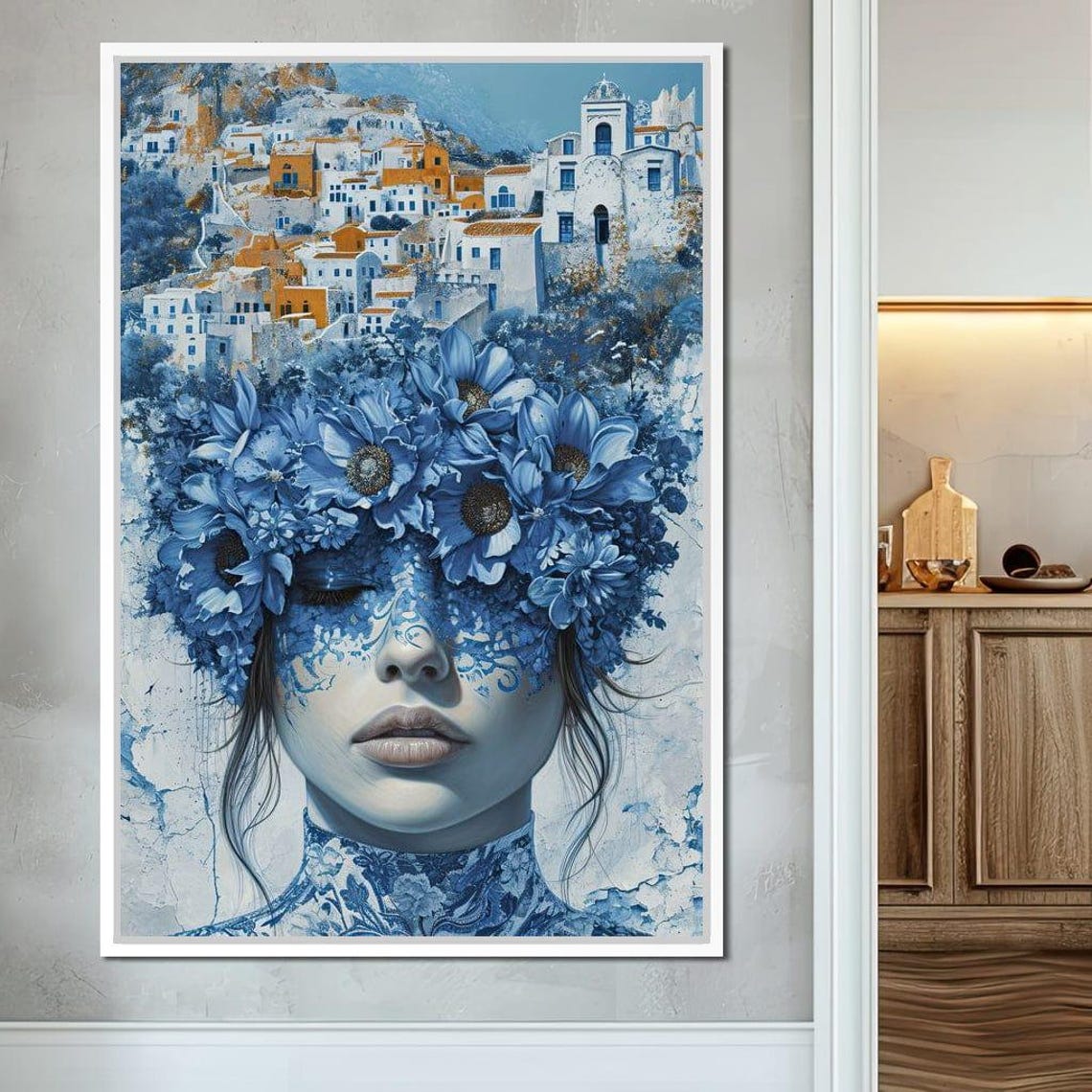 Blue Floral Woman Portrait White Mediterranean Village Art Print - Image 3
