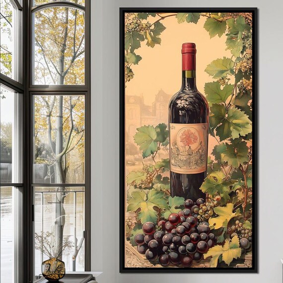 Red Wine Bottle Vineyard Grapes Vintage European Cellar Poster
