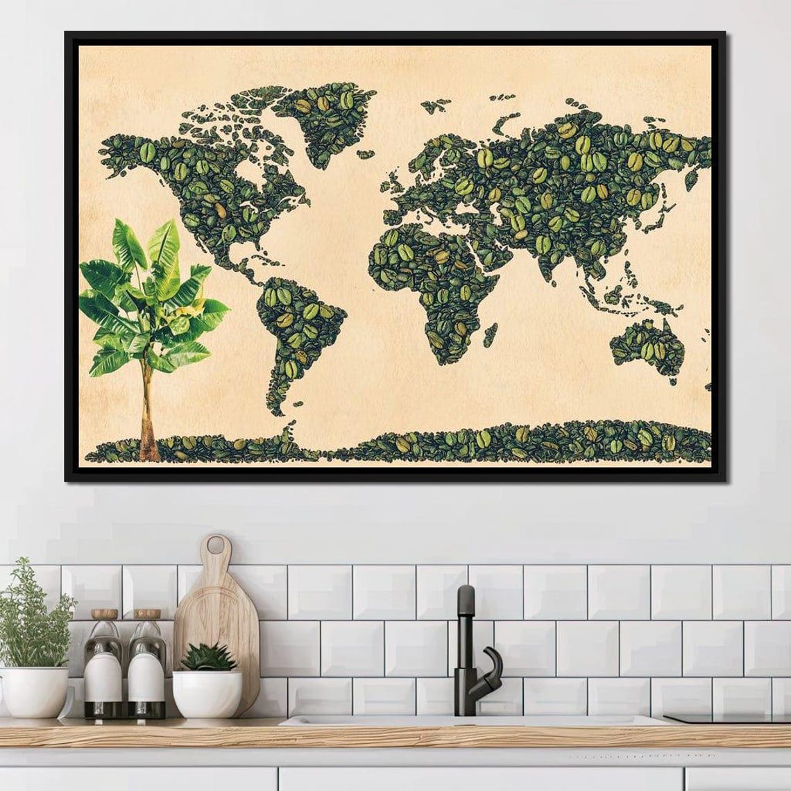 World Map Made Of Green Coffee Beans Rustic Kitchen Wall Art Poster - Image 3