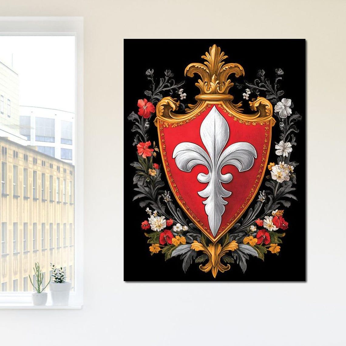 Red Heraldic Shield with White Fleur De Lys and Floral Wreath Poster - Image 4