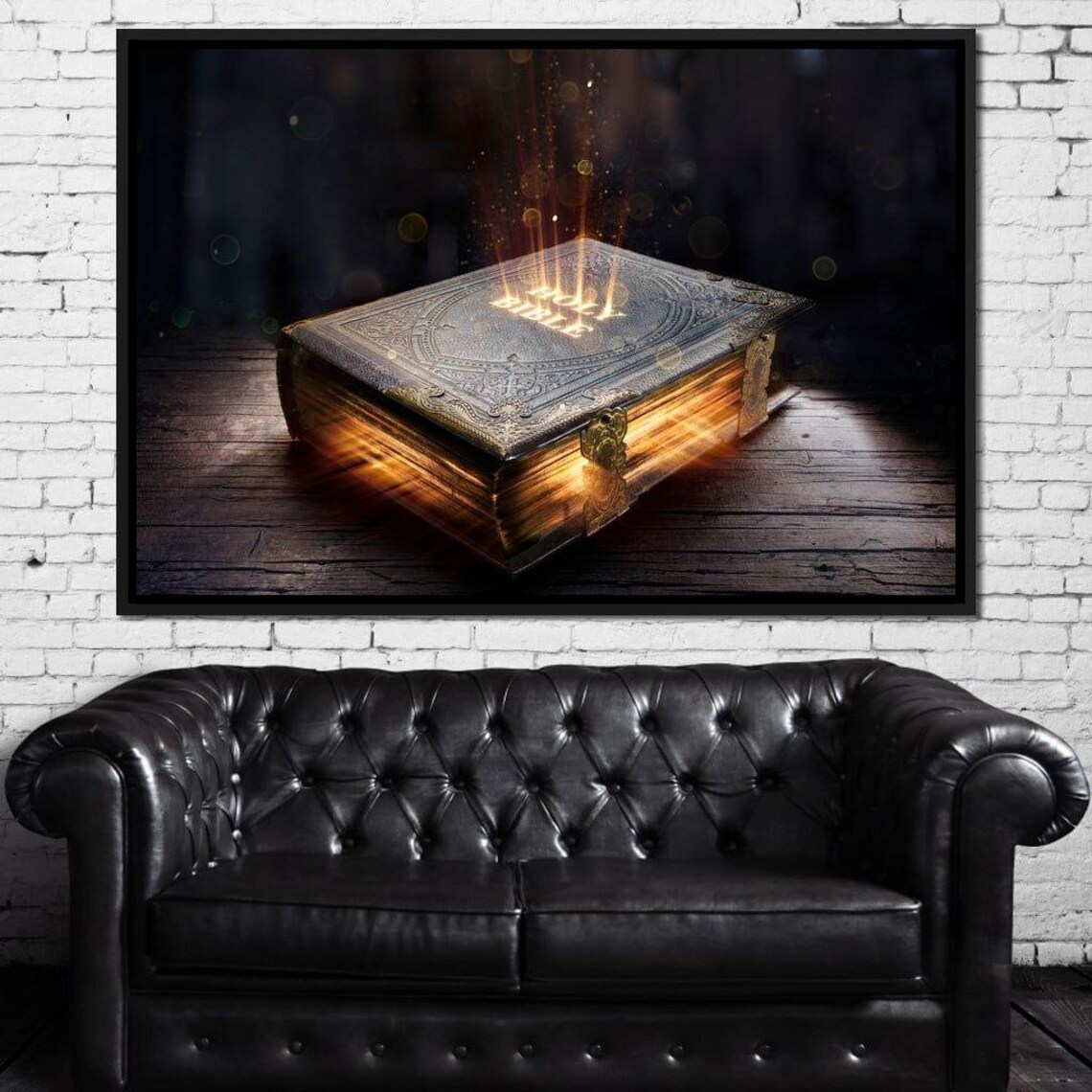 Glowing Holy Bible Golden Light Rays Dark Wooden Table Christian Wall Art Poster - Image 2