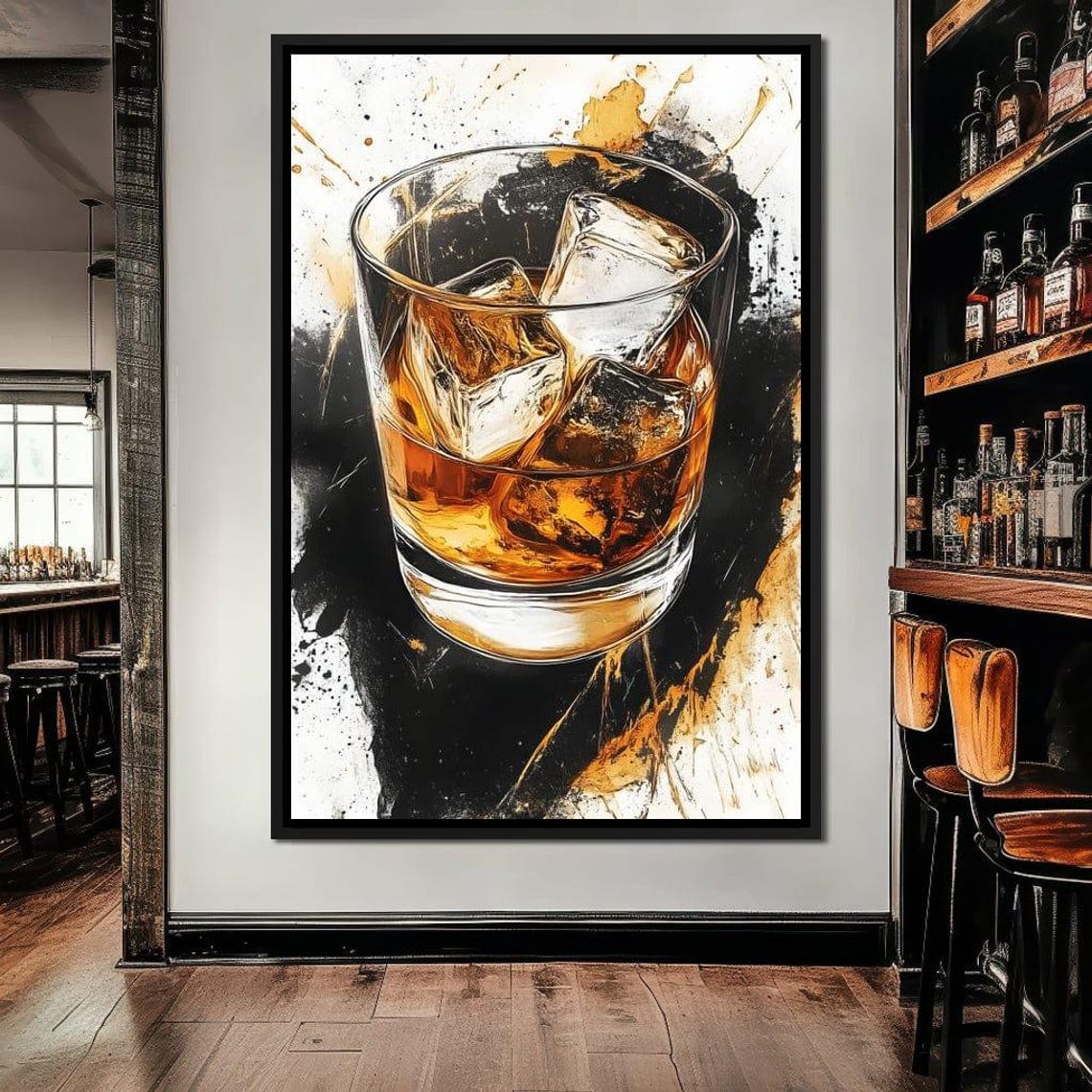 Whiskey Glass With Ice on Bold Black and Gold Splash Art Poster