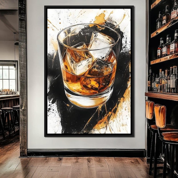 Whiskey Glass With Ice on Bold Black and Gold Splash Art Poster