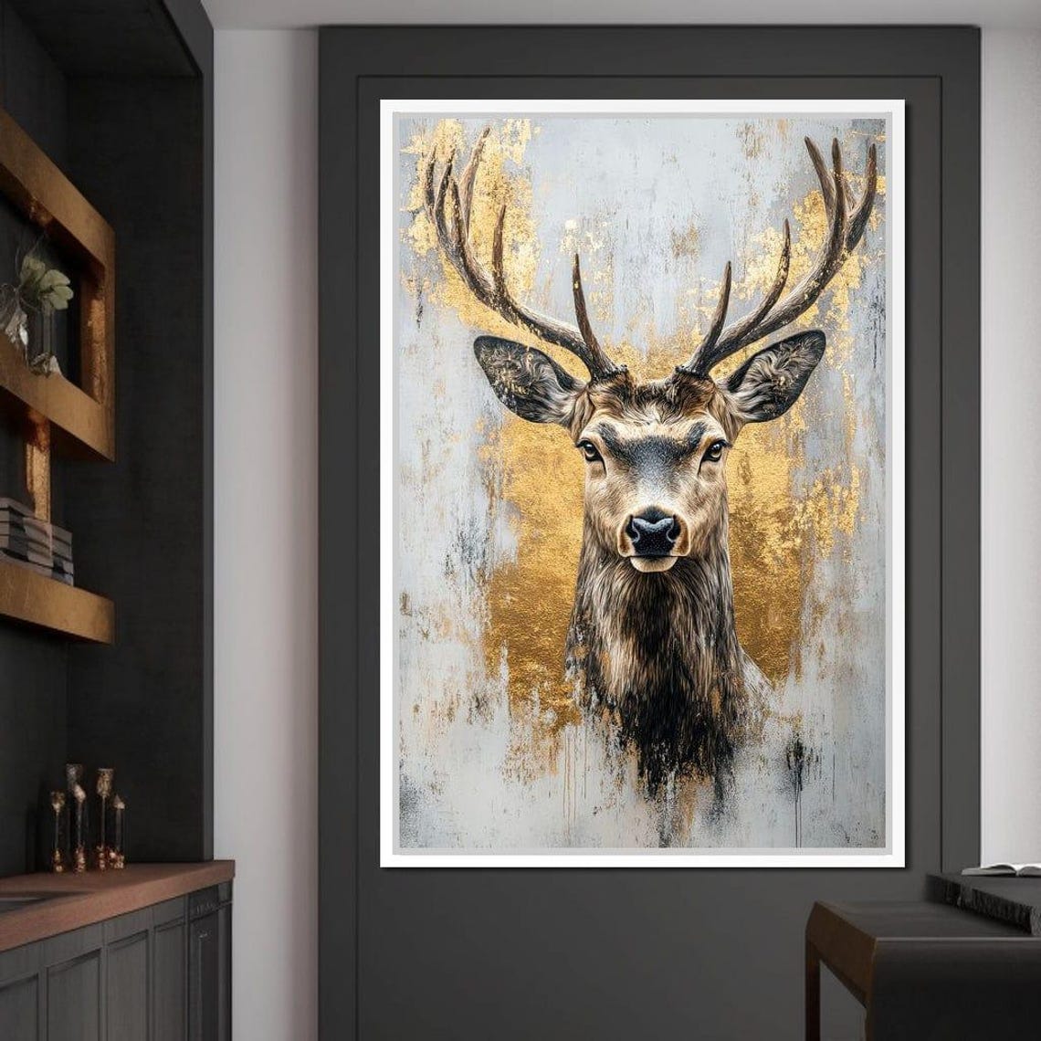 Golden Deer Stag Portrait Gold Leaf Background Elegant Wildlife Poster - Image 2