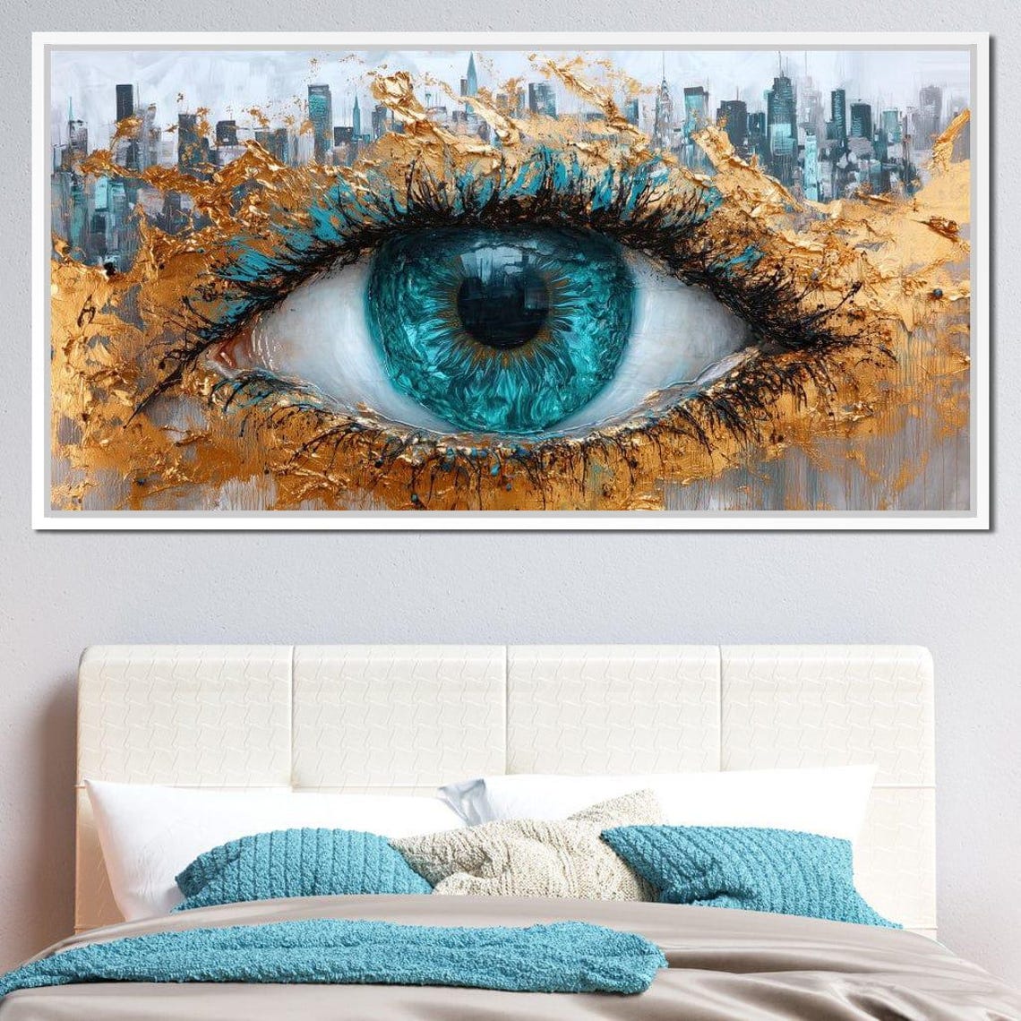 Turquoise Eye Skyline Five Panel Gold Canvas Modern Statement Poster - Image 2