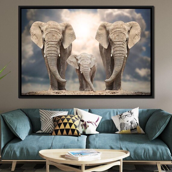Elephant Family Mother Calf Under Golden Sky Safari Wildlife Art Poster
