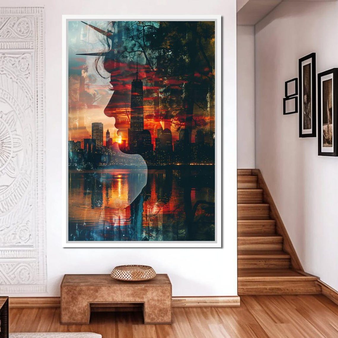 Statue Of Liberty Double Exposure NYC Skyline Sunset Reflection Poster - Image 3