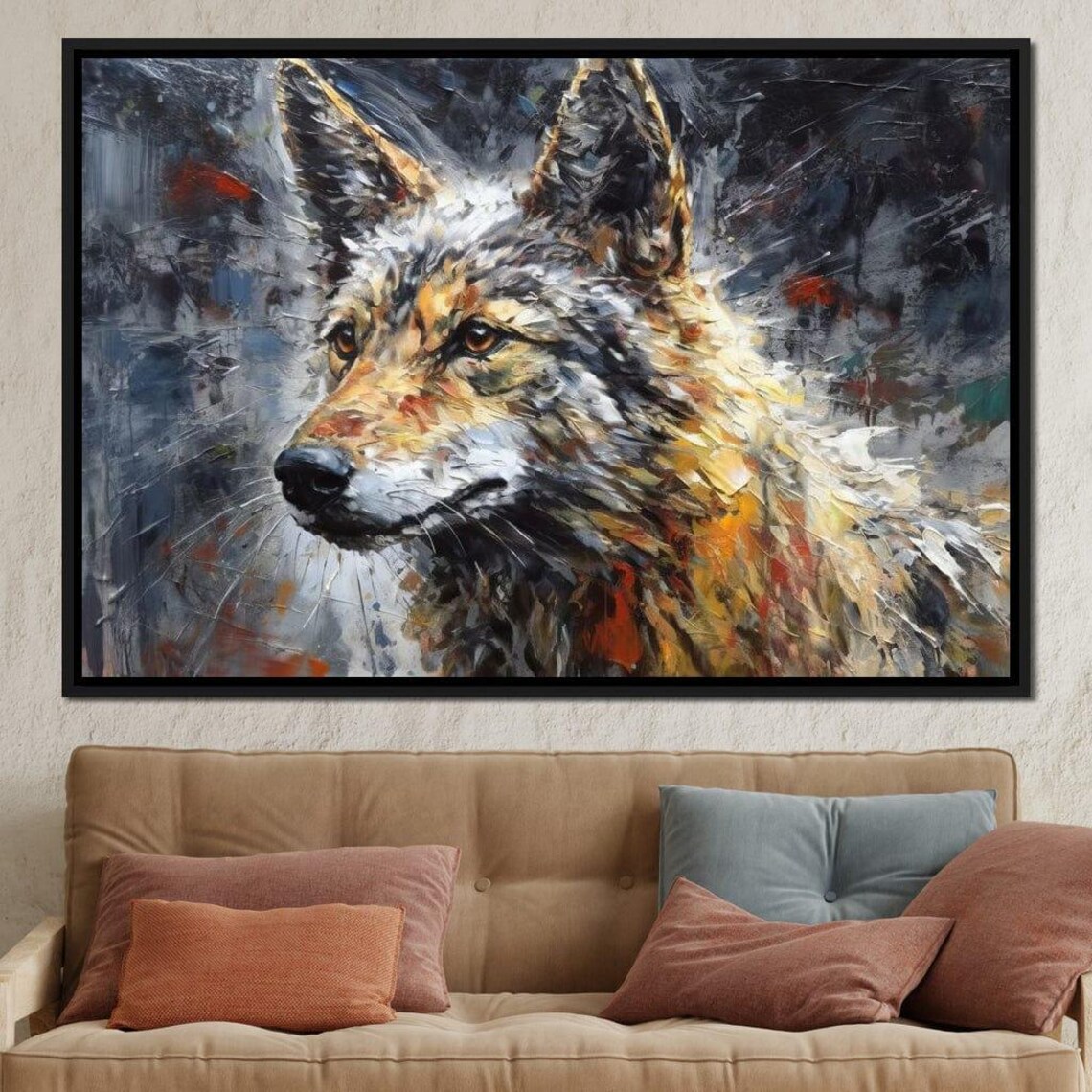 Coyote Portrait Expressive Eyes Painterly Wildlife Dark Modern Art Poster