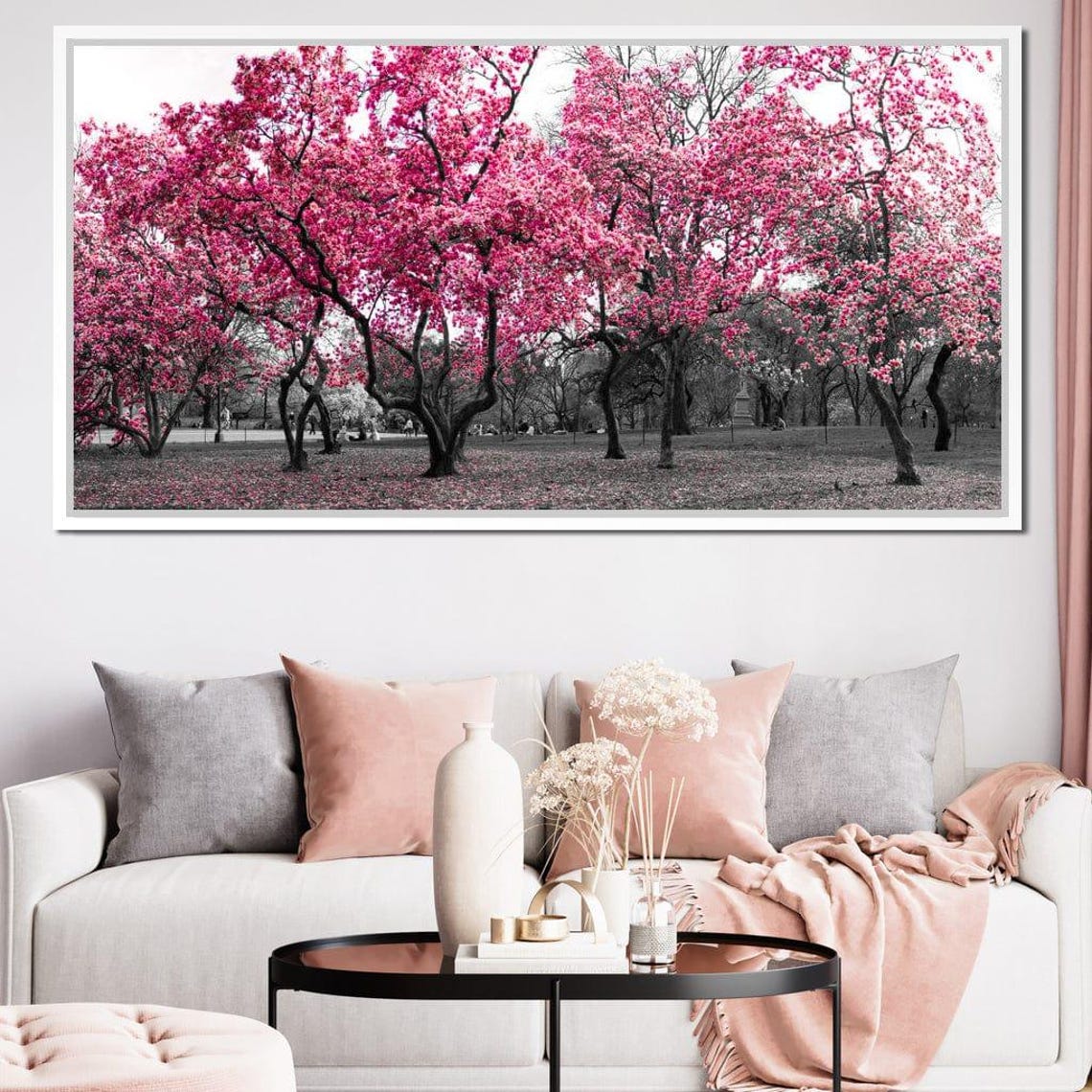 Pink Blossom Trees Spring Park Selective Color Vibrant Nature Wall Art