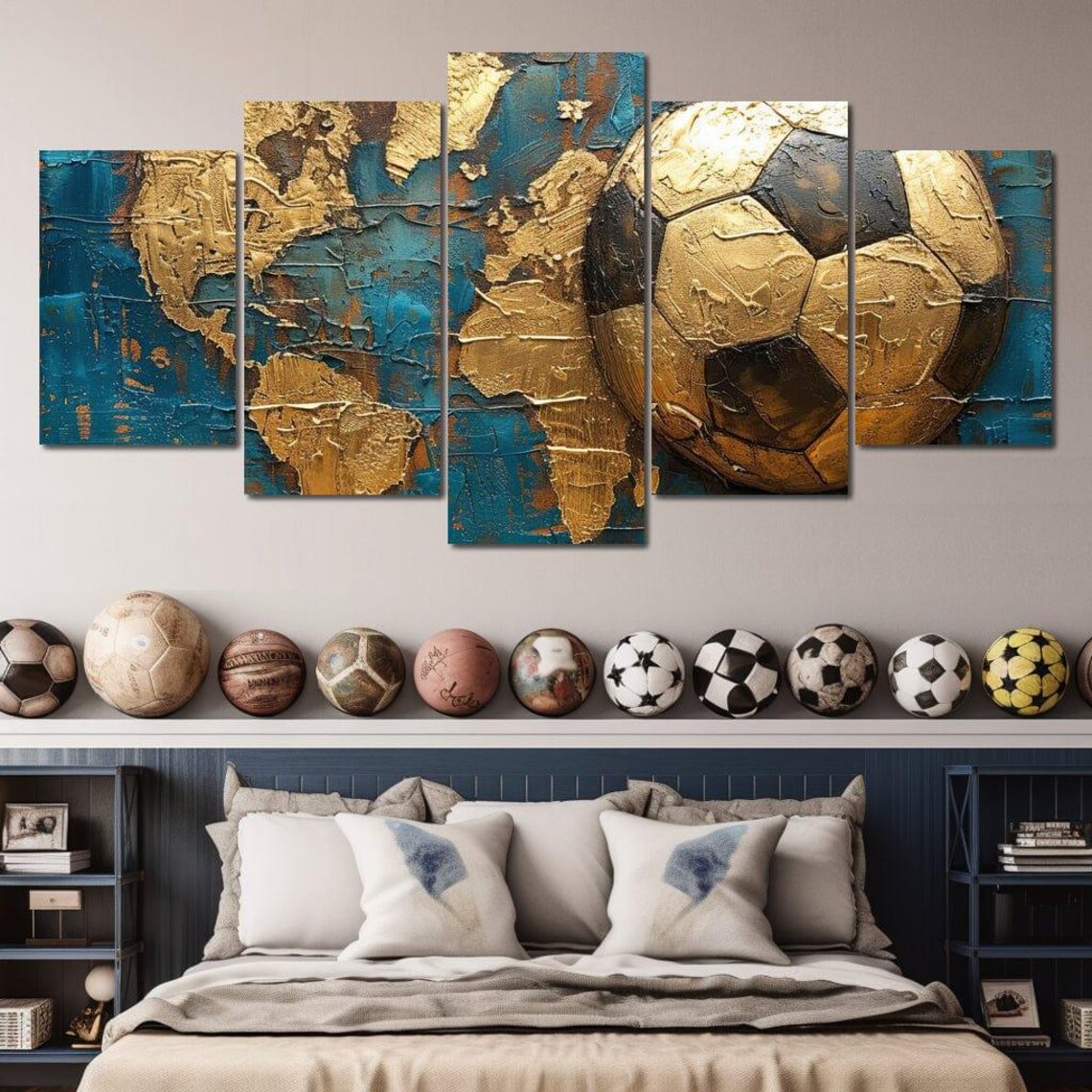Golden Goal Globetrotter Soccer Wall Art Football Home Decor Sports Themed Art Luxurious Blue Gold World Map By Nichecanvas - Image 4