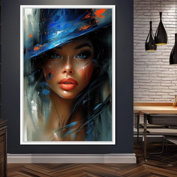 Mystic Blue Hat Beauty Sapphire Eyes Painterly Portrait Wall Art