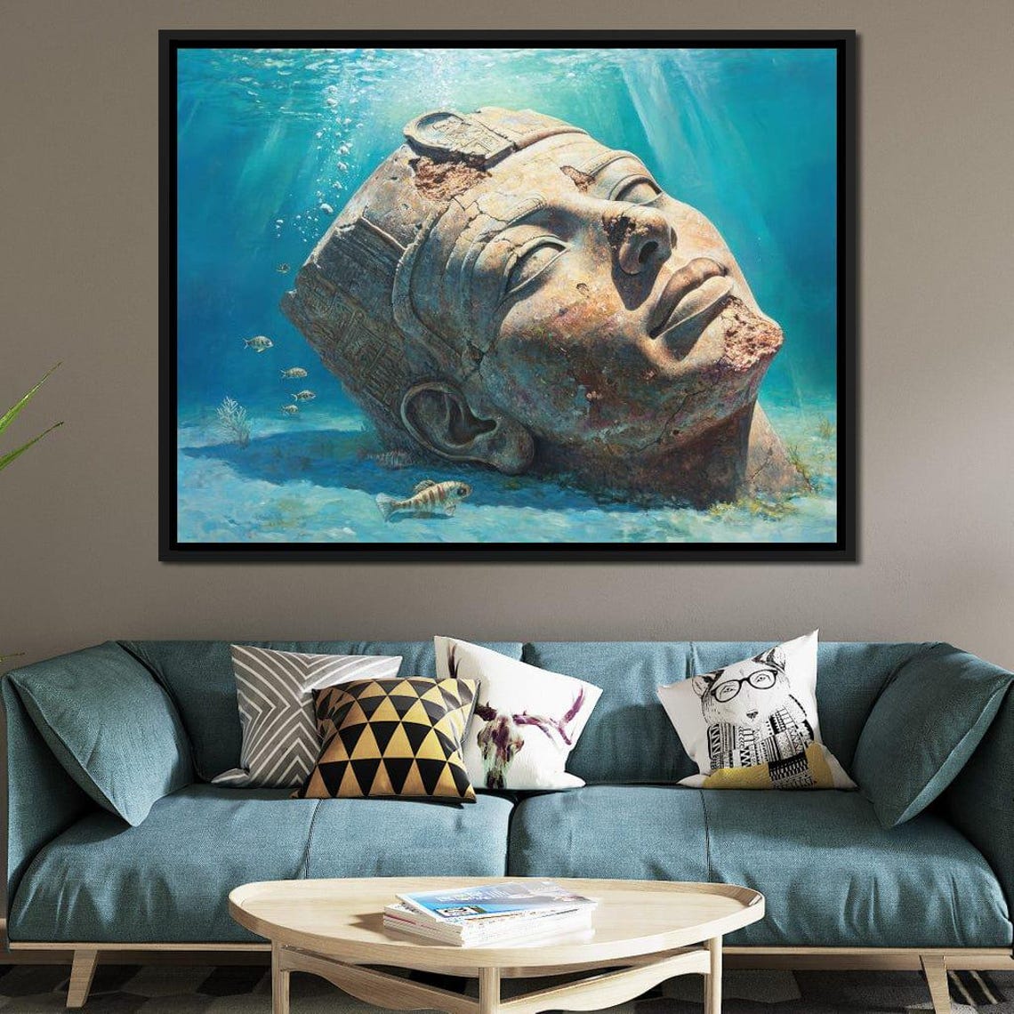 Giant Stone Pharaoh Head Resting Underwater Among Fish Ocean Art Print - Image 3