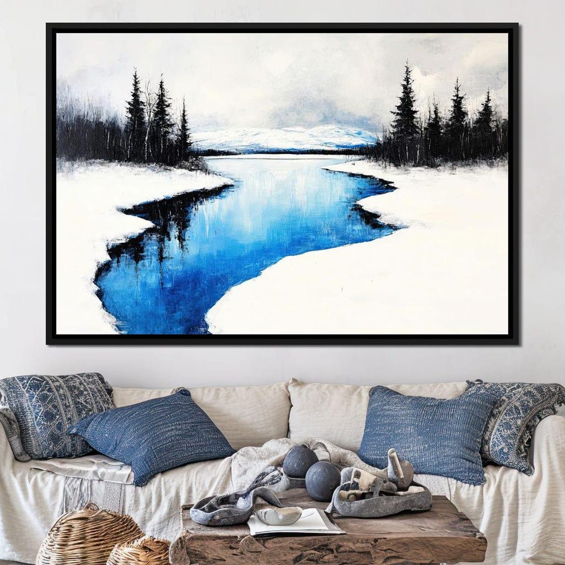 Winter Lake Blue Water Snowy Banks Pine Trees Mountain View Art Poster - Image 4