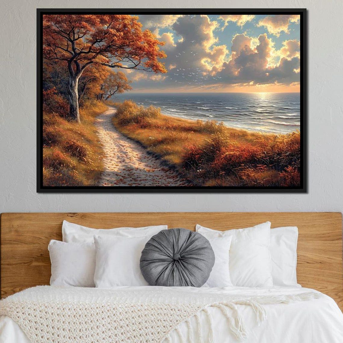 Autumn Coastal Path Sunset Sea Orange Trees Fall Travel Poster