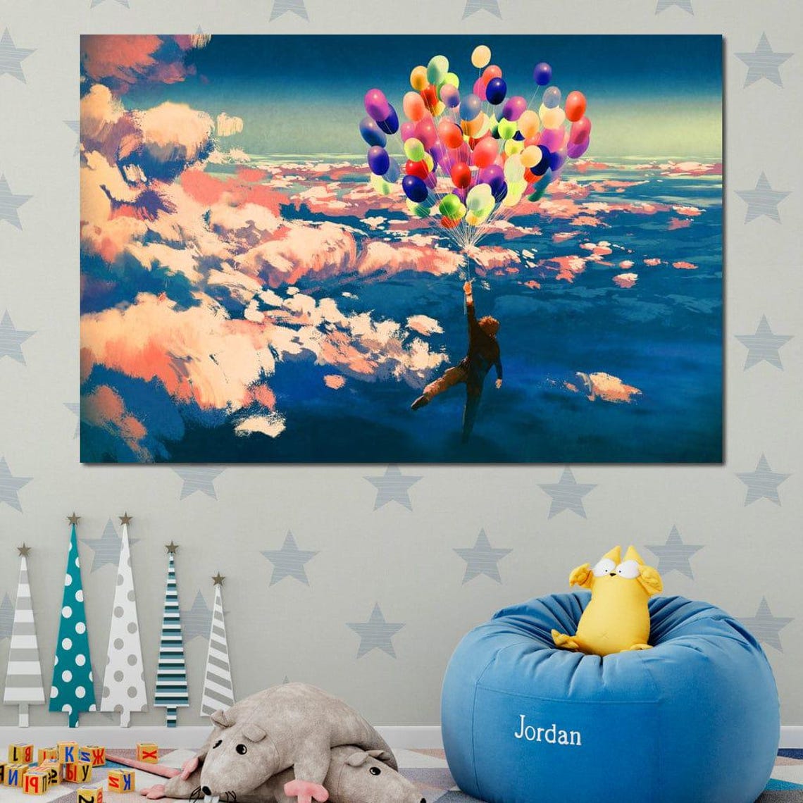 Child With Colorful Balloons Flying Over Clouds Fantasy Poster - Image 3