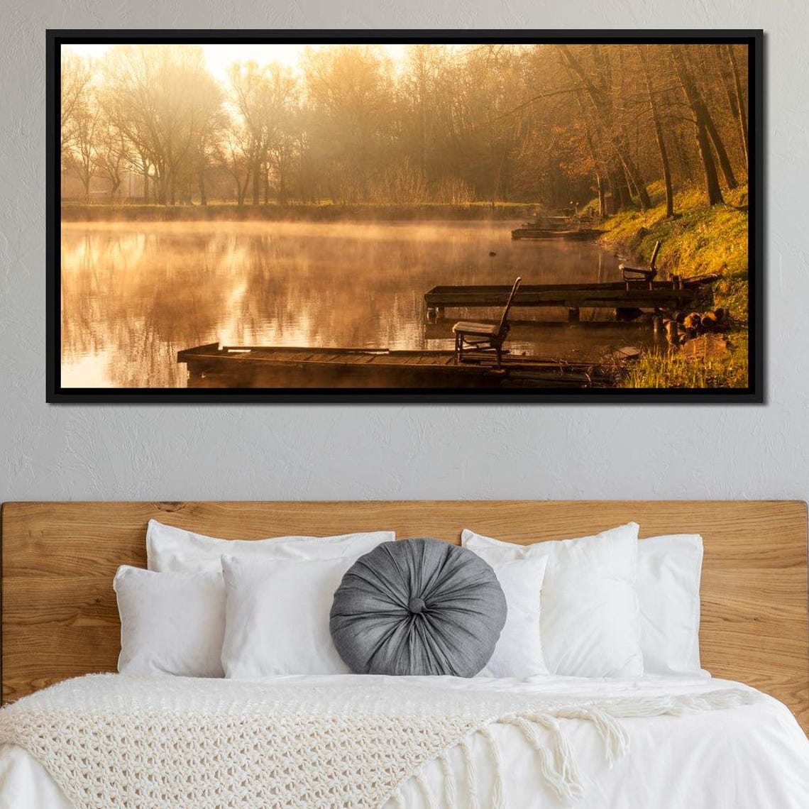 Misty Lake Sunrise Golden Morning Dock Autumn Trees Landscape Poster