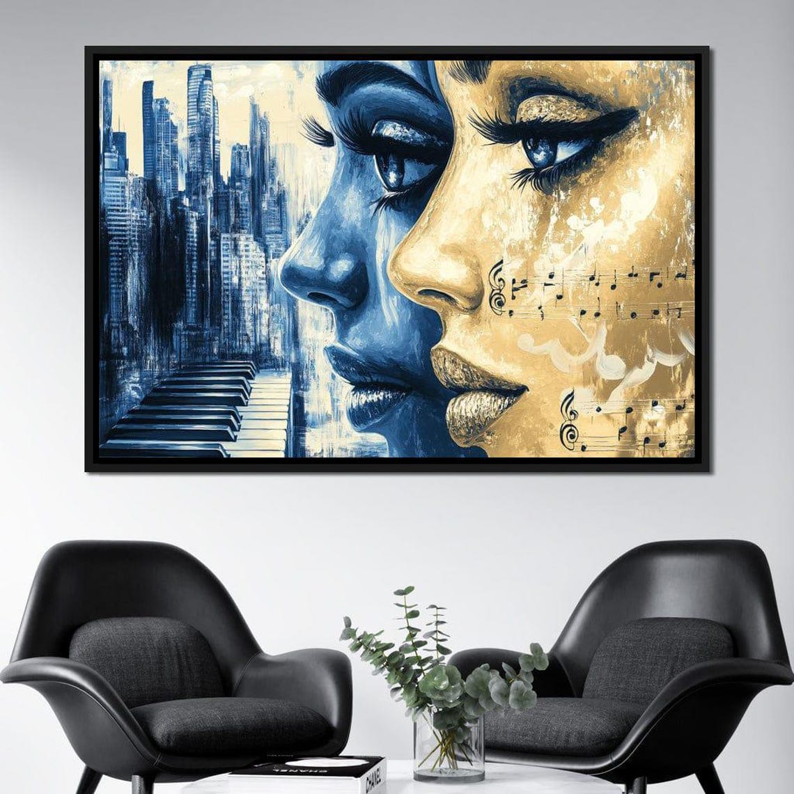 Blue And Gold Woman Profile Music Notes City Skyline Art Poster - Image 2