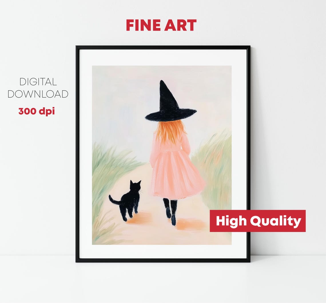 Little Witch Girl With Black Cat Walking Path Pink Halloween Print - Image 2