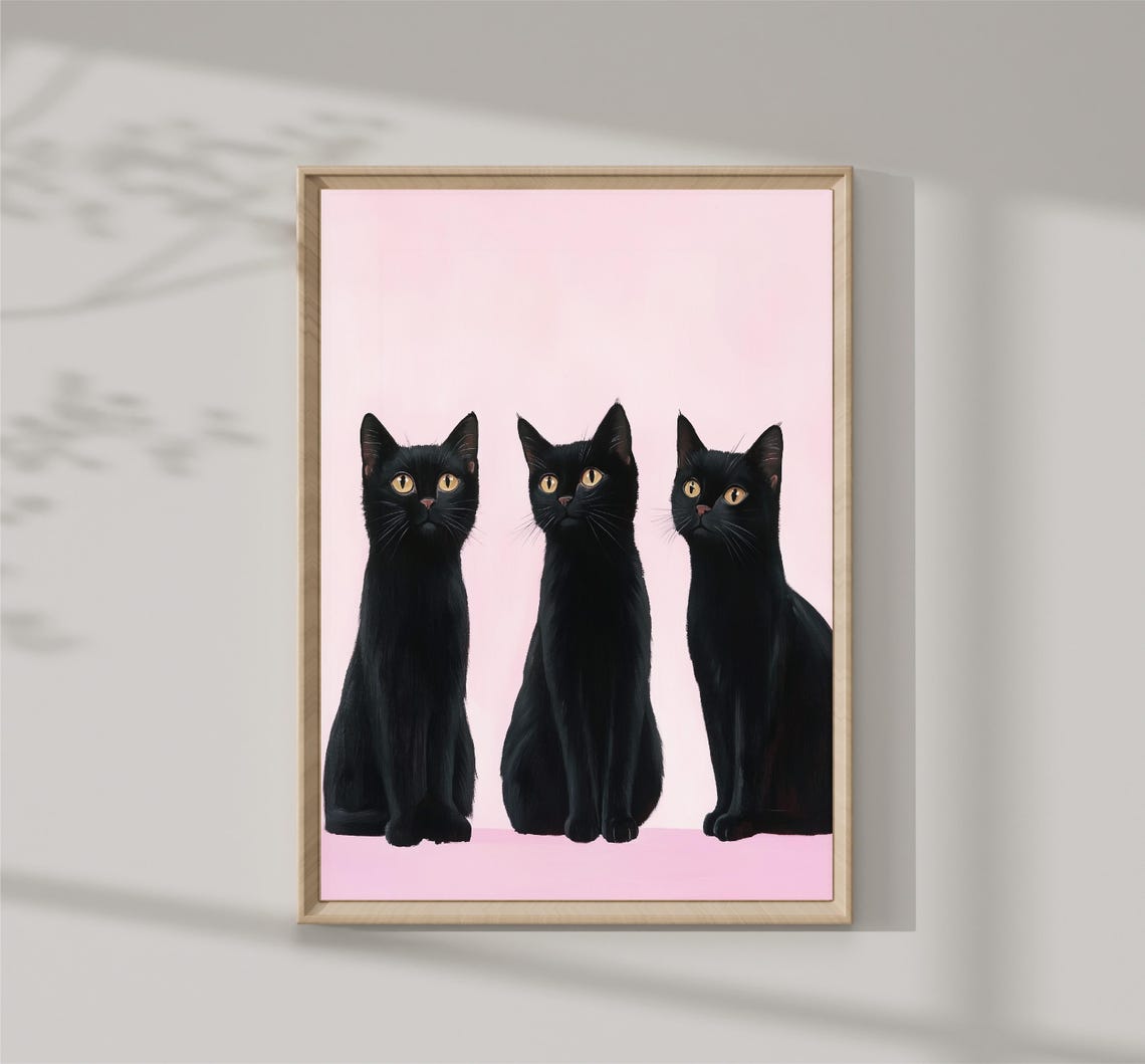 Three Black Cats Pink Background Golden Eyes Modern Cat Print