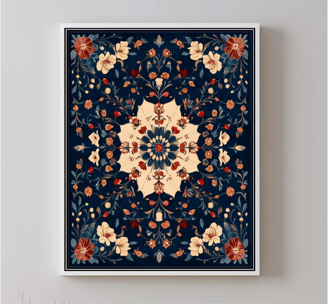 Antique Floral Medallion Tapestry Navy Red Vintage Textile Wall Art - Image 4