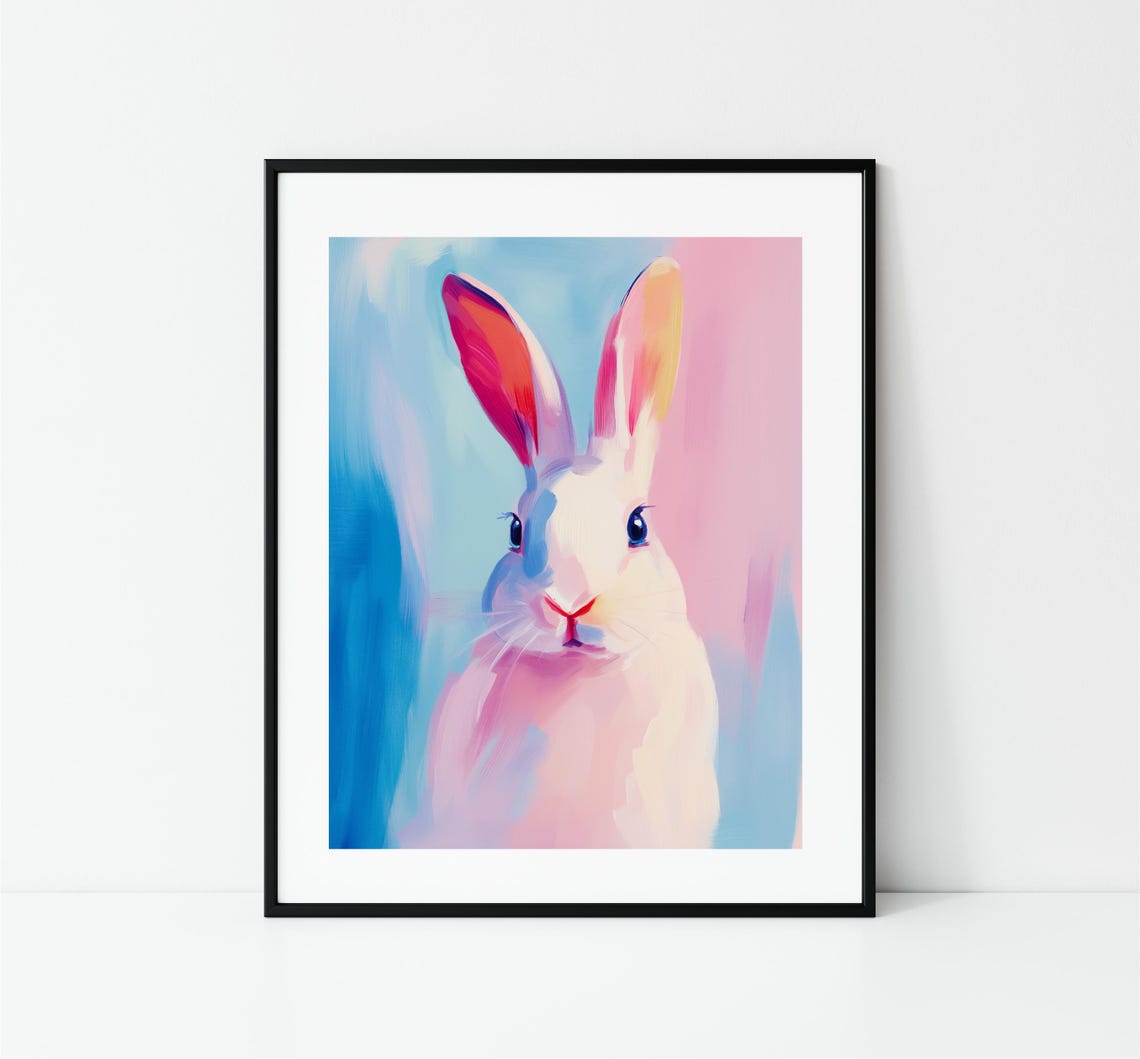White Bunny Portrait Pink Blue Pastel Nursery Kids Room Wall Art - Image 3