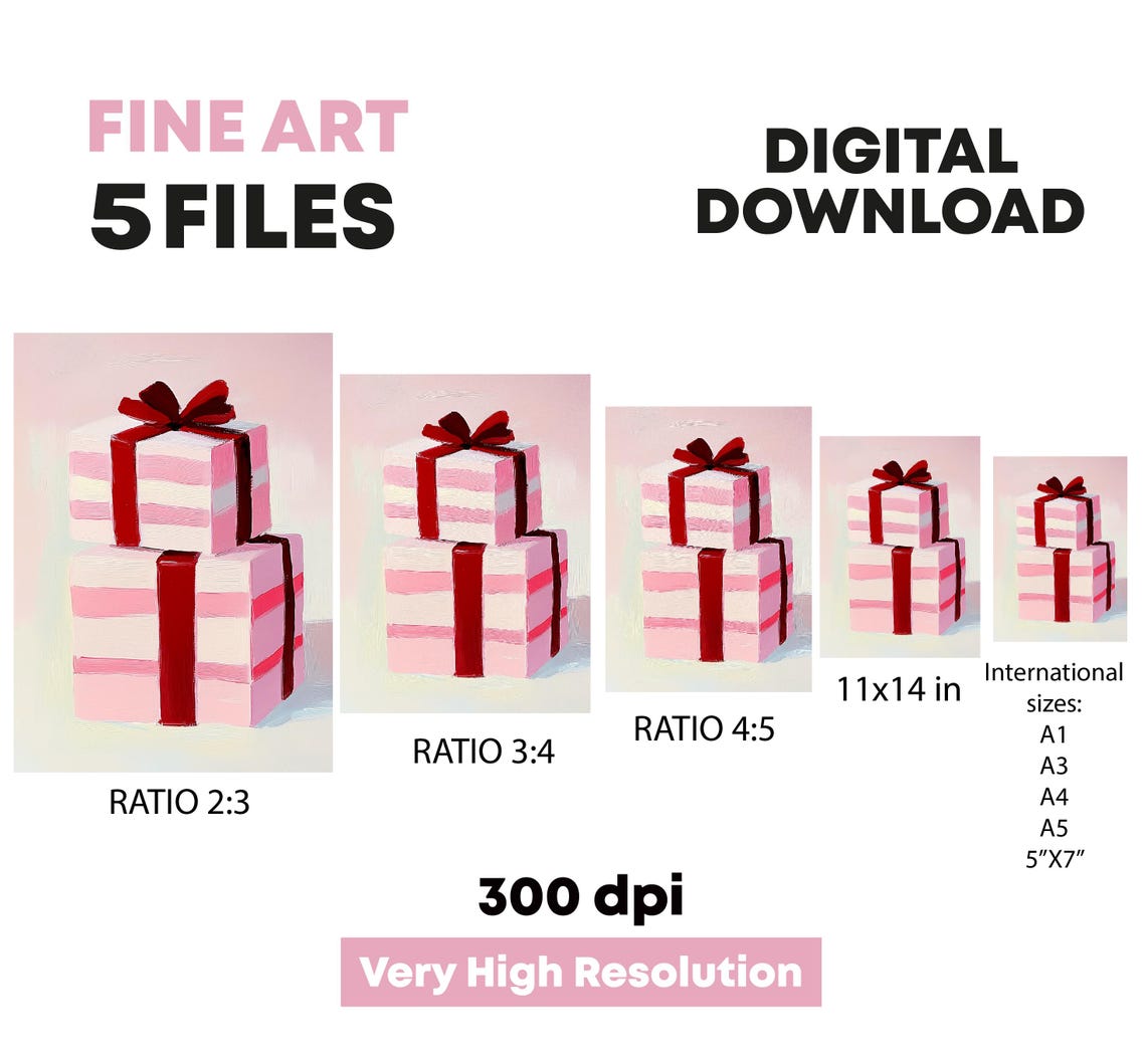 Pink Striped Christmas Gift Boxes With Red Ribbons Holiday Art Poster - Image 5