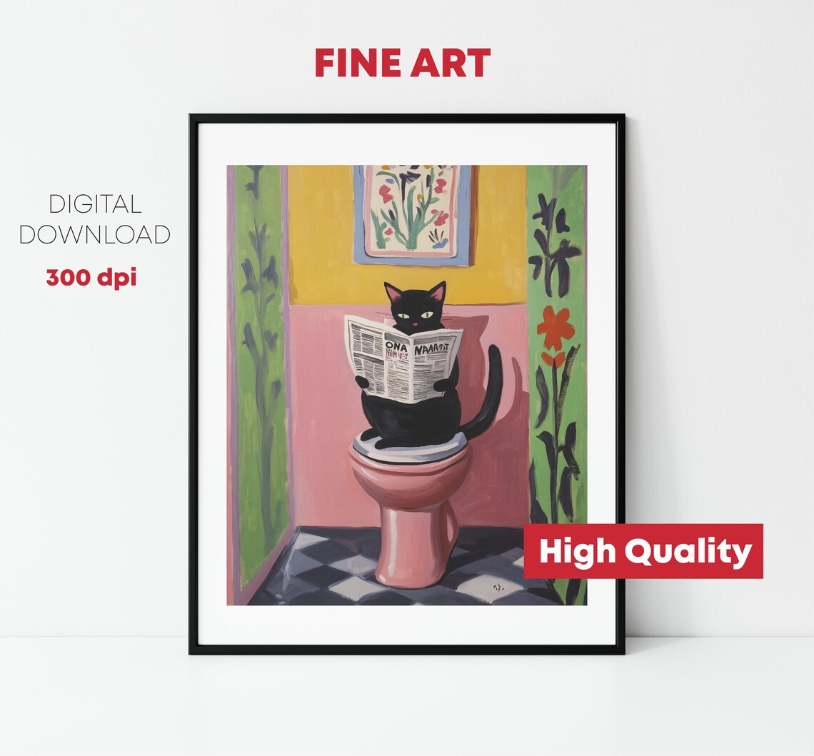 Black Cat Reading Newspaper On Pink Toilet Funny Bathroom Print - Image 2