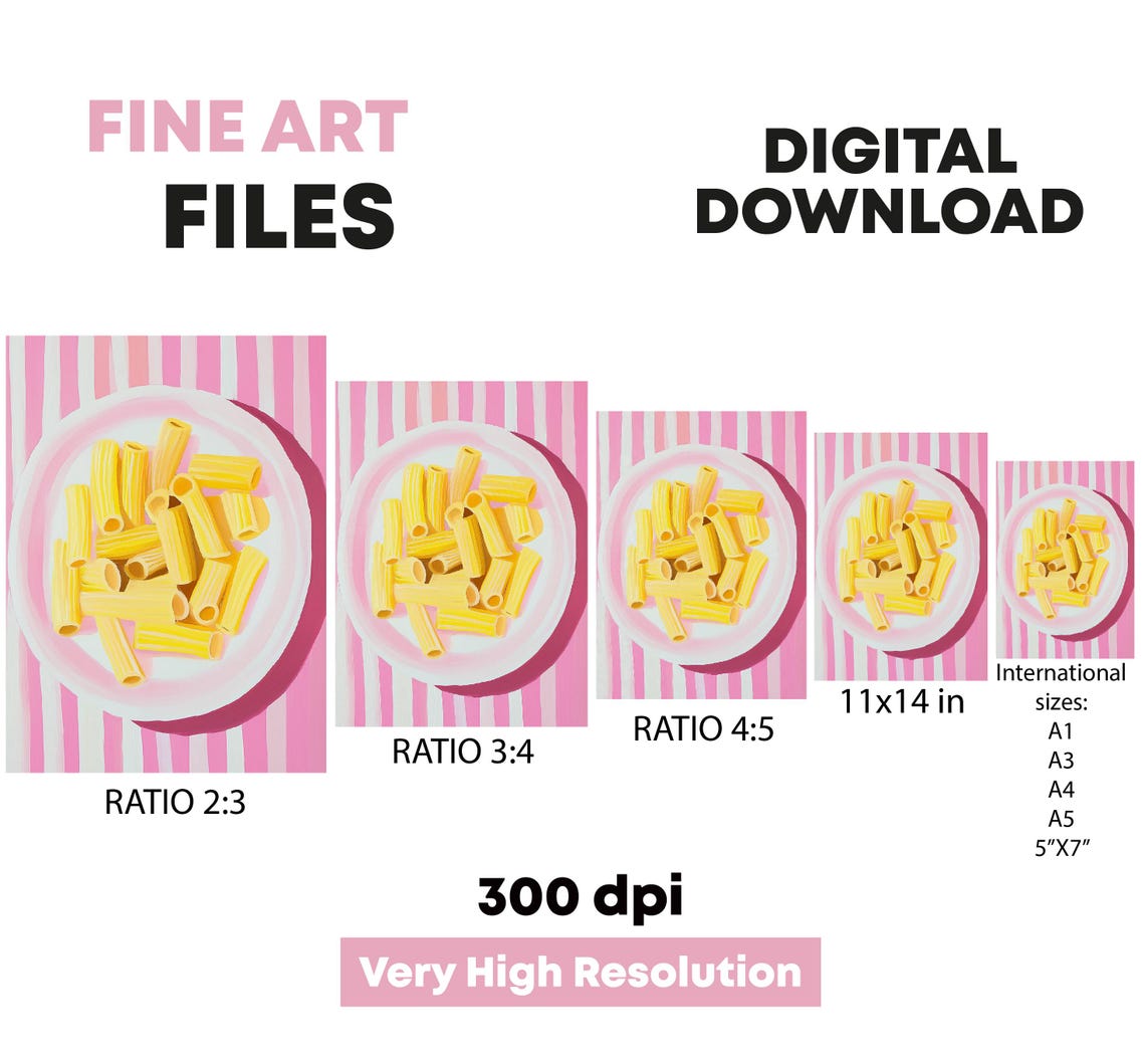 Rigatoni Pasta On Pink Striped Plate Playful Kitchen Food Art Poster - Image 5