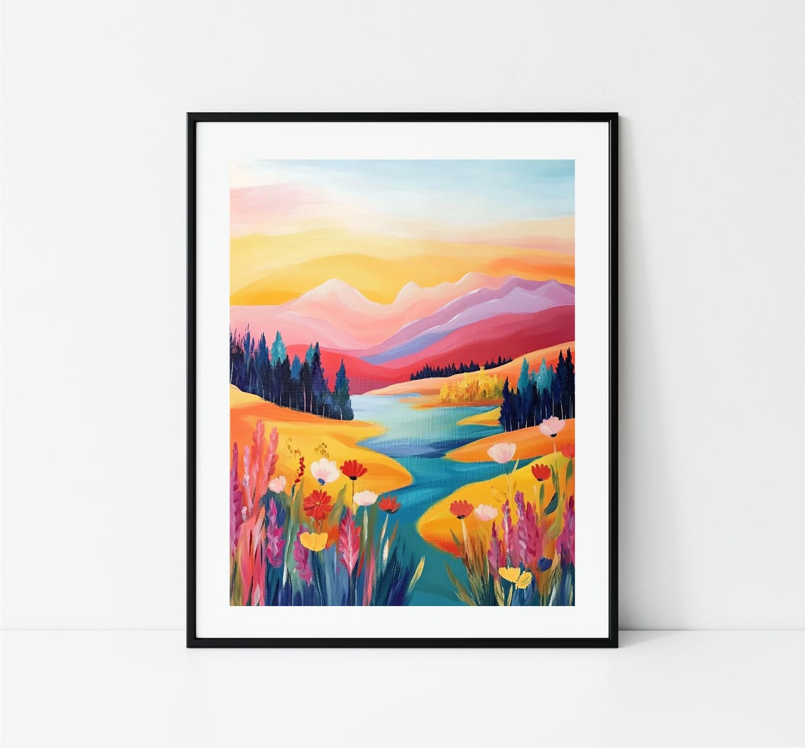 Mountain River Valley Sunset Wildflower Meadow Vivid Landscape Poster - Image 3