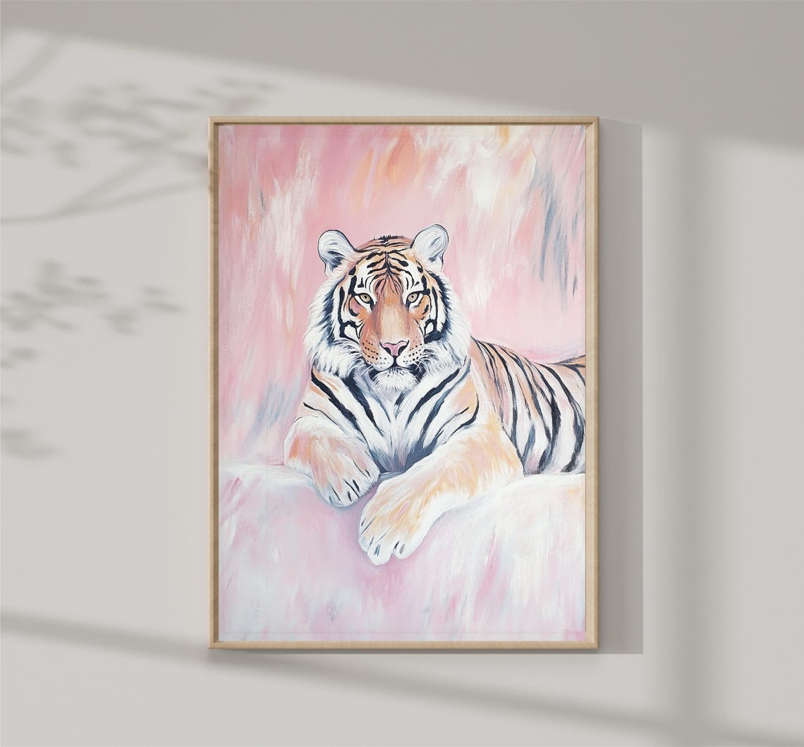 Pastel Tiger Lounging On Pink Background Soft Wildlife Art Poster
