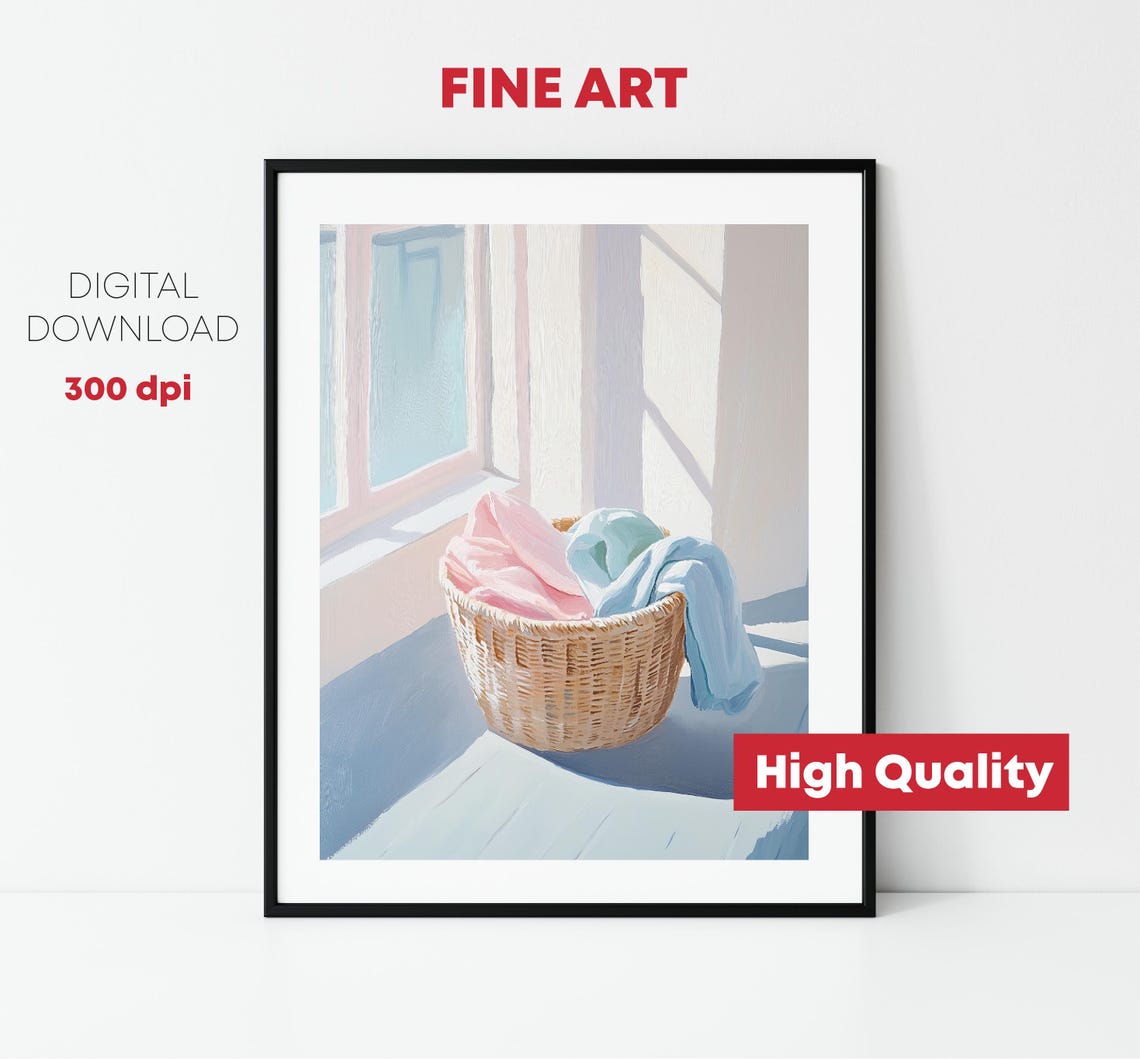 Wicker Laundry Basket By Sunny Window Cozy Home Laundry Room Art Print - Image 2